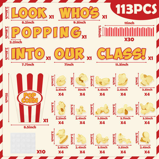 113Pcs Popcorn Bulletin Board Back to School Decoration Cutouts Set With Look Who’s Popping Into Our Class and Popcorn Pattern to Welcome New Student in Classroom Or Home Decoration