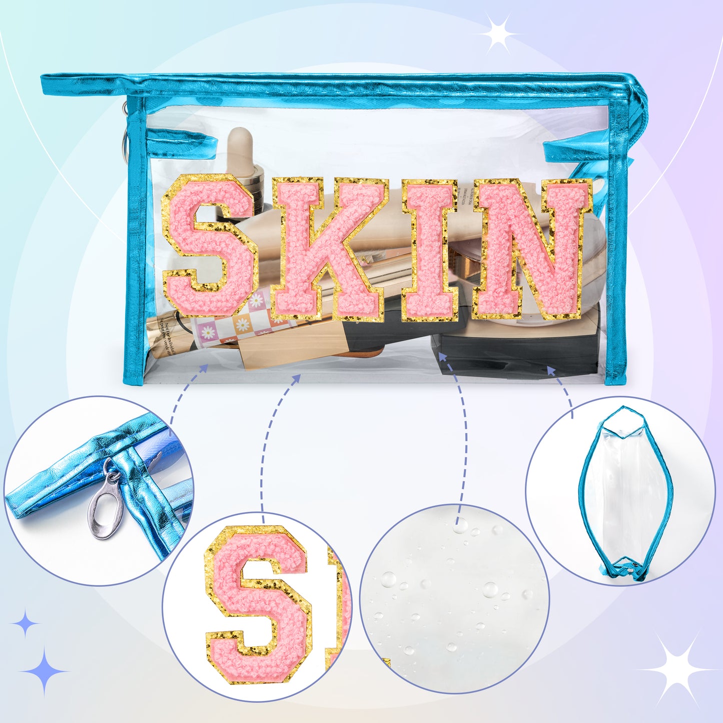 AsodSway Pink SKIN Cosmetic Bag - Varsity Patch SKIN Letter Spring Cosmetic Bag Classy Waterproof Portable Transparent Azure Frame PVC Zipper Clutch Bag Summer Travel Party Makeup Bag for Women Girls