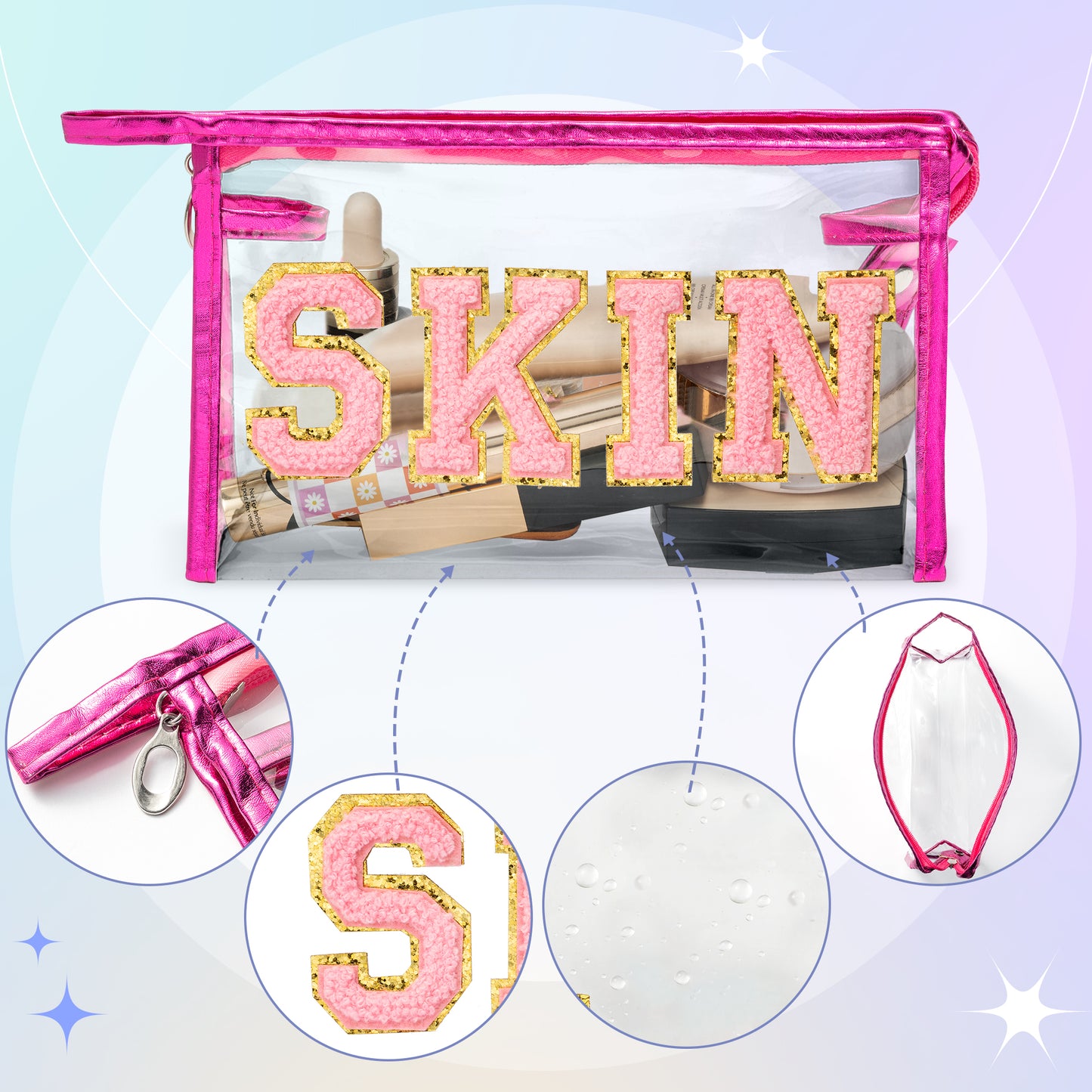 AsodSway Pink SKIN Cosmetic Bag - Varsity Patch SKIN Letter Spring Cosmetic Bag Waterproof Portable Transparent Rose Red Frame PVC Zipper Clutch Bag Summer Travel Party Makeup Bag for Women Girls