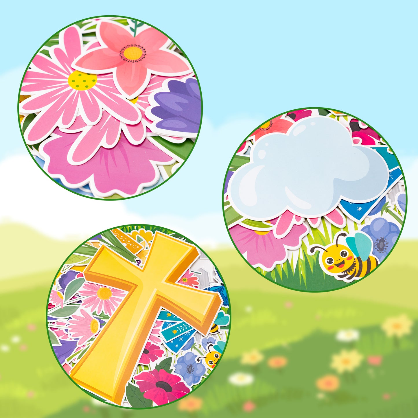 AsodSway 117Pcs Spring God's Love Help Us Bloom Easter Bulletin Board Classroom Decor Set Contain Easter Flower Cross Grass Border Cut Outs and with Easter Character Happy Party and Spring Season