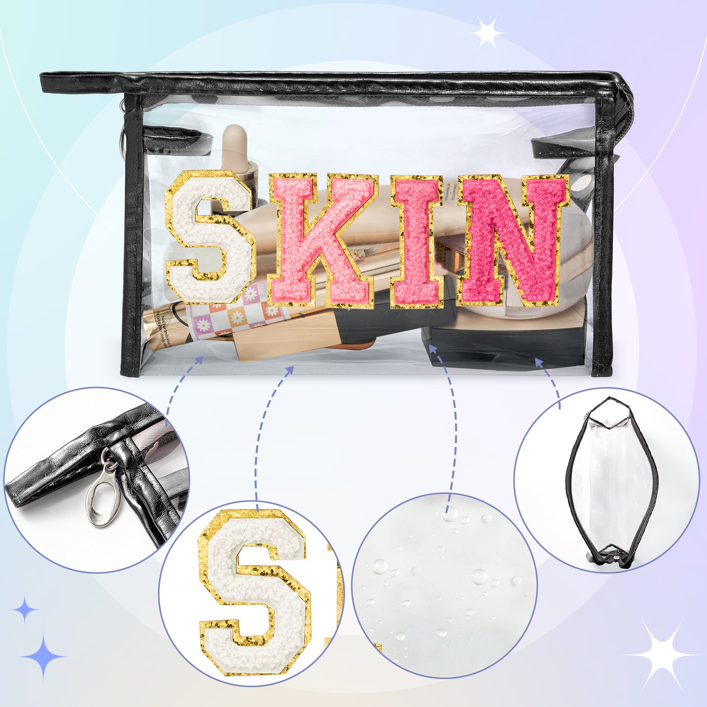 AsodSway Gradual Rose SKIN Cosmetic Bag - Varsity Patch SKIN Letter Cosmetic Bag Classy Waterproof Portable Transparent Black Frame PVC Zipper Clutch Bag Travel Summer Party Makeup Bag for Women Girls