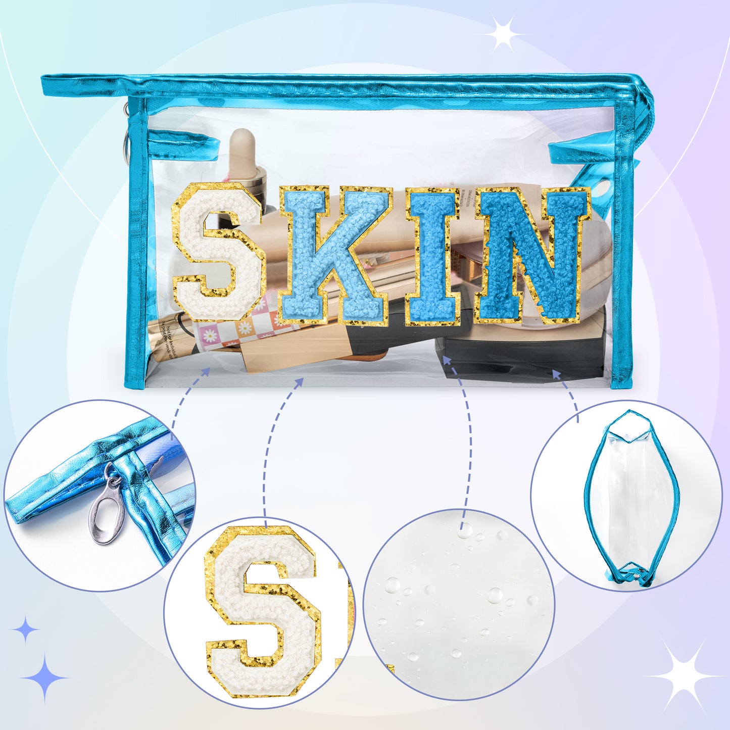 AsodSway Gradual Blue SKIN Cosmetic Bag - Varsity Patch SKIN Letter Cosmetic Bag Classy Waterproof Portable Transparent Azure Frame PVC Zipper Clutch Bag Travel Summer Party Makeup Bag for Women Girls