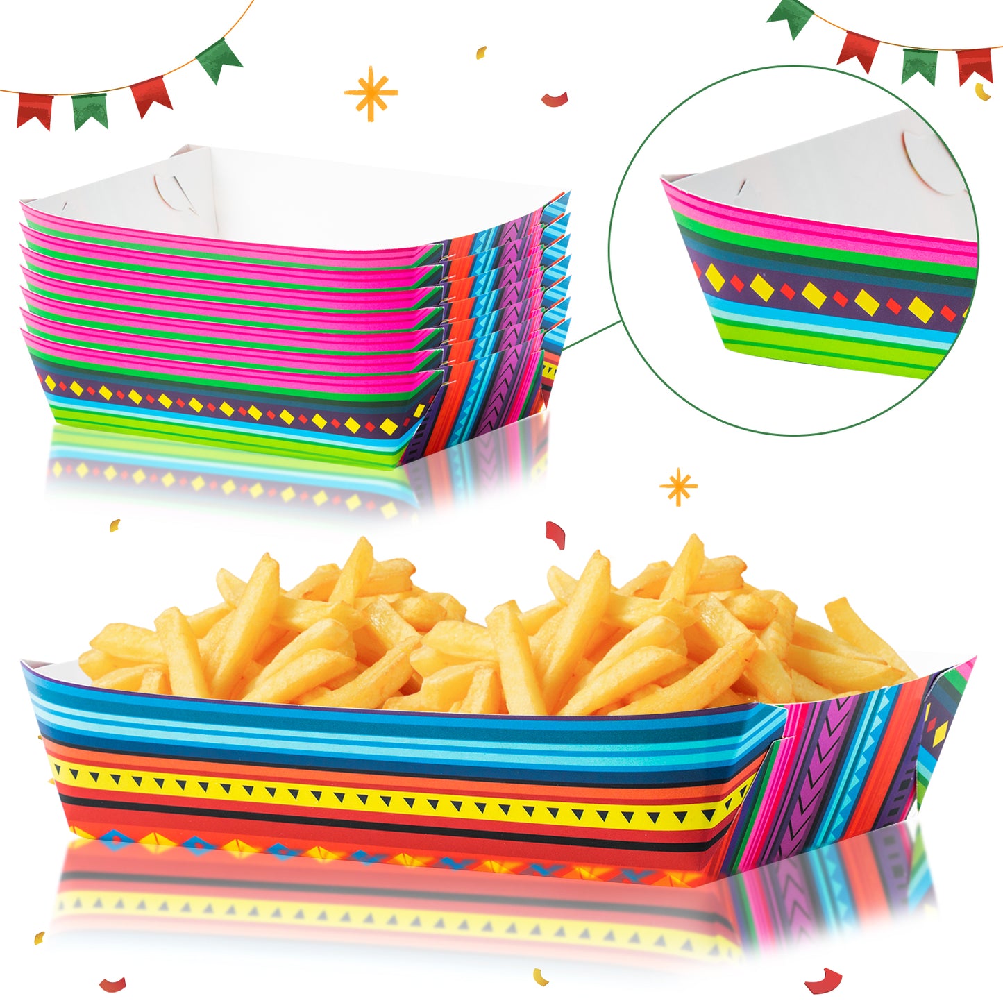 50Pcs Mexican Food Trays Colorful Nacho Paper Food Trays Reusable to Holding Food Resistant to Oil and Dirt, Durable and Unbreakable Good For Concession Stands, food, Snacks, Parties, Festivals