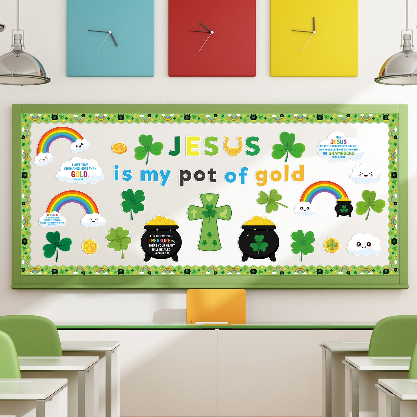 123Pcs Religious Sunday School ST.Patrick Jesus is My Pot of God Shamrock Rainbow Bulletin Board Decoration Set Contain Leaf Clovers Rainbow Border Religions Character Happy Party Classroom Decoration
