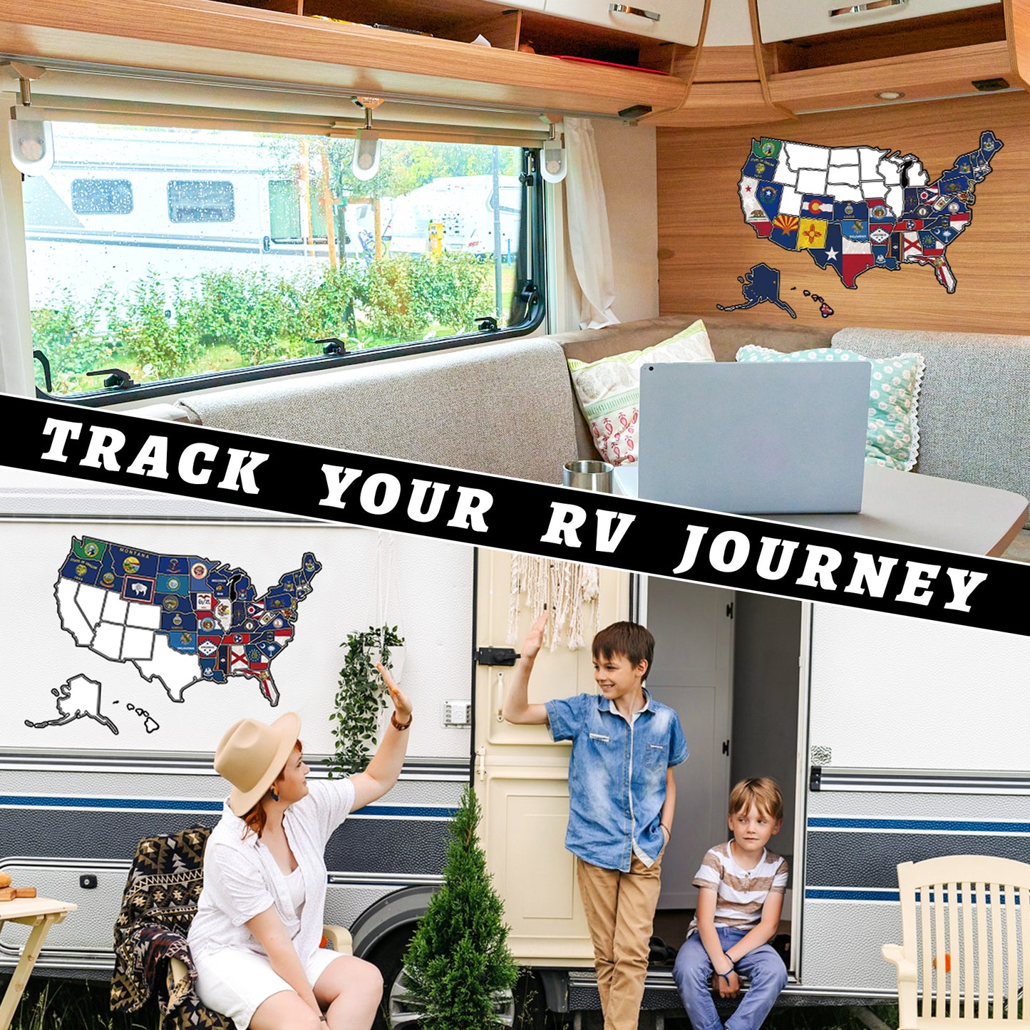 3Pcs RV State Flags Travel USA Map Sticker, United States Flags Stickers Vinyl Map RV Decals Travel Trailer Camper Map of America Waterproof Decals for Window, Door or Wall, States Flags Map Decal Trip Camper Trailer Accessories