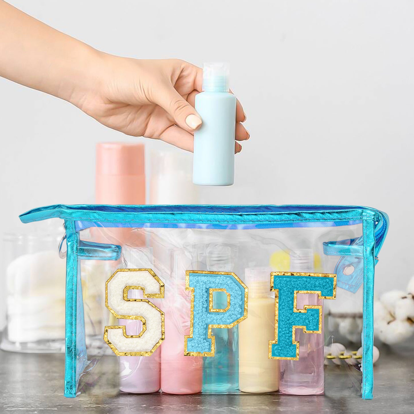 Preppy Patch Azure SPF Varsity Letter Cosmetic Bag Aesthetic Waterproof Portable Cosmetic Bag Transparent PVC Zipper Bag Daily Use Clutch Purse Travel Party Makeup Bag for Women Girls (Sky Blue)