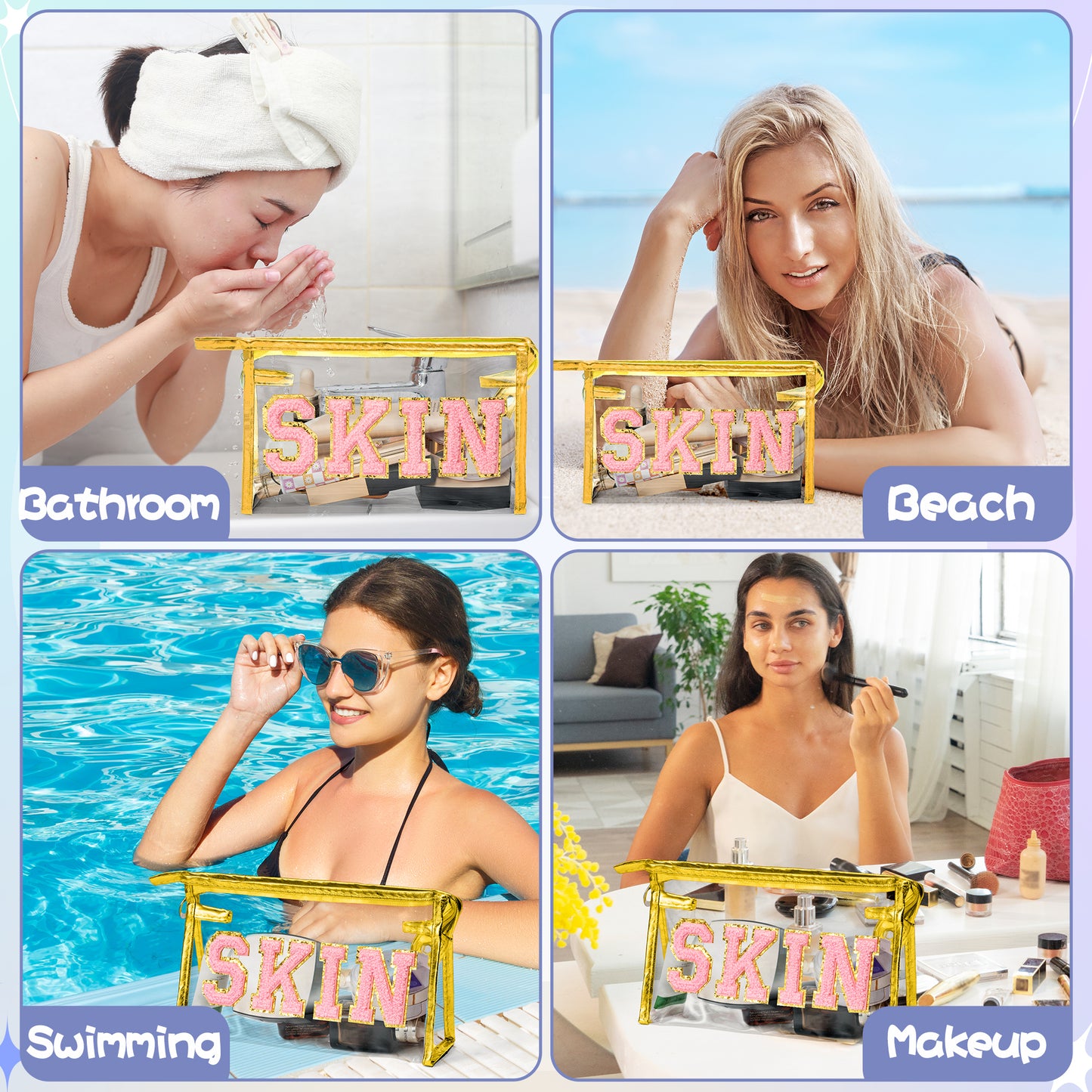 AsodSway Pink SKIN Cosmetic Bag - Varsity Patch SKIN Letter Spring Cosmetic Bag Classy Waterproof Portable Transparent Gold Frame PVC Zipper Clutch Bag Summer Travel Party Makeup Bag for Women Girls