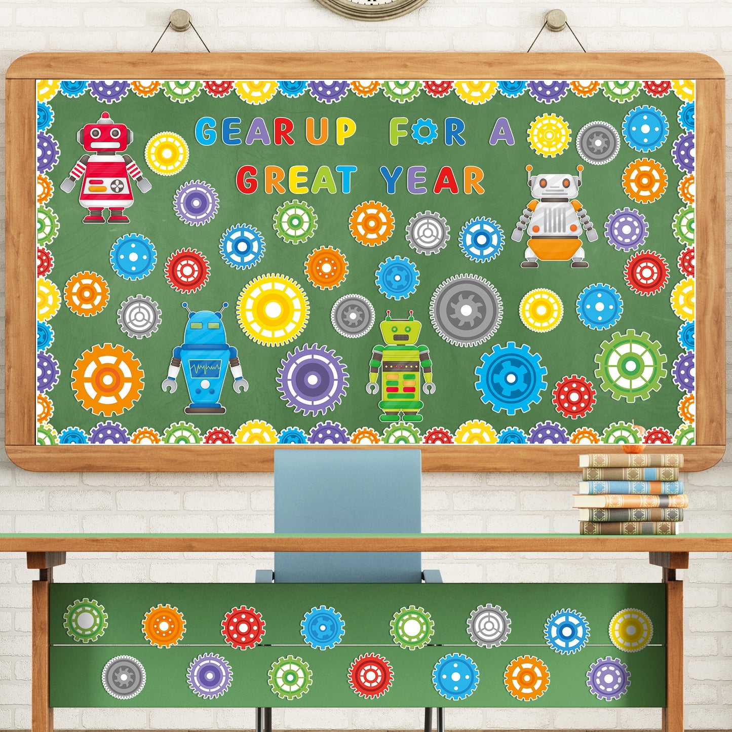 129Pcs Gear Robot Bulletin Board Back to School Decoration Cutouts Set With Gear Up for A Great Year and Gear Robot Pattern to Encouraging Student to Embrace a Better Life in Classroom Home Decoration