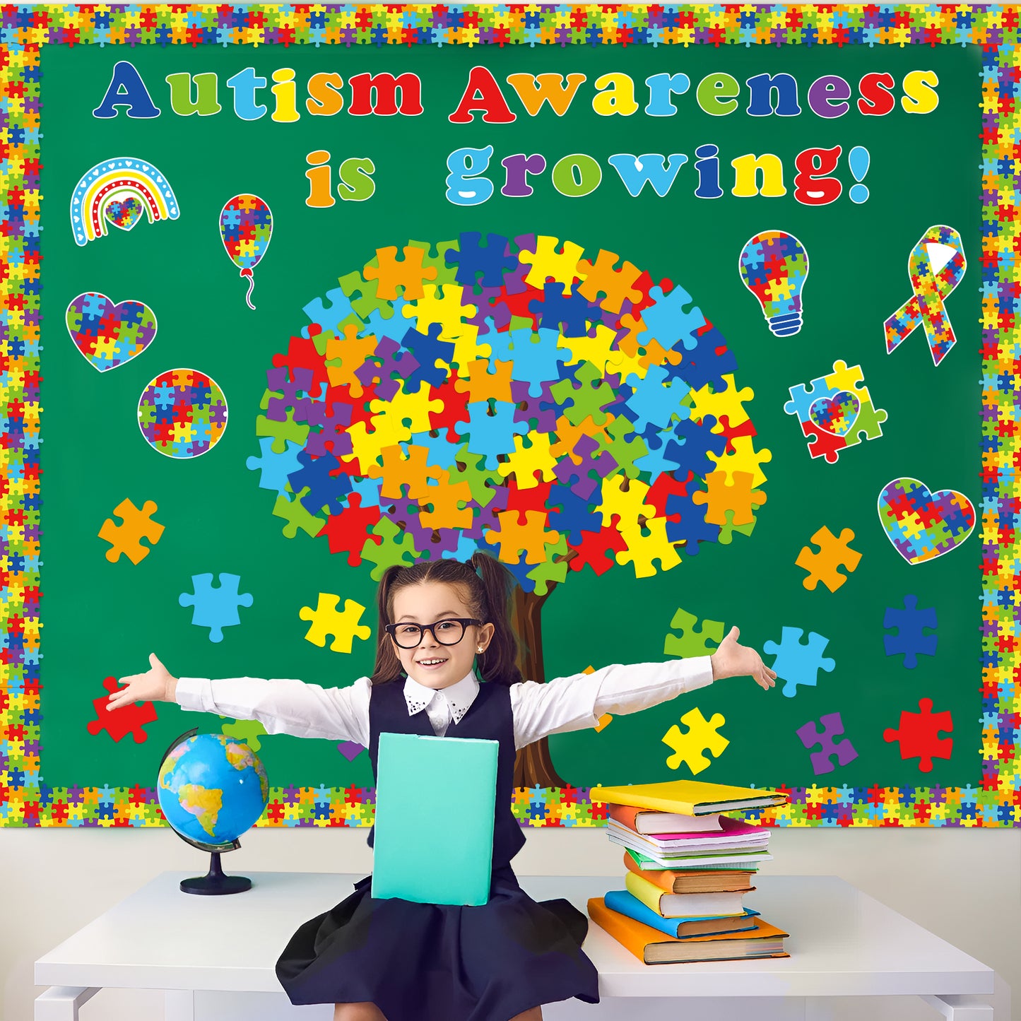 159Pcs Autism Awareness Bulletin Board Decoration Cutouts Set Contain Puzzles, Autism Pattern, Trees, Border with Characters About Motivational Autism Party Awareness Fit Right in Classroom Decoration