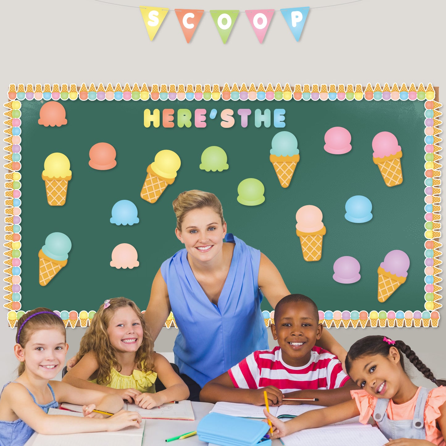 144Pcs Summer Ice Cream Bulletin Board Decoration Cutouts Border Set Contain Ice Cream Top and Cone, Border, Flag with Characters About Happy Summer Holiday Party and Classroom Decoration