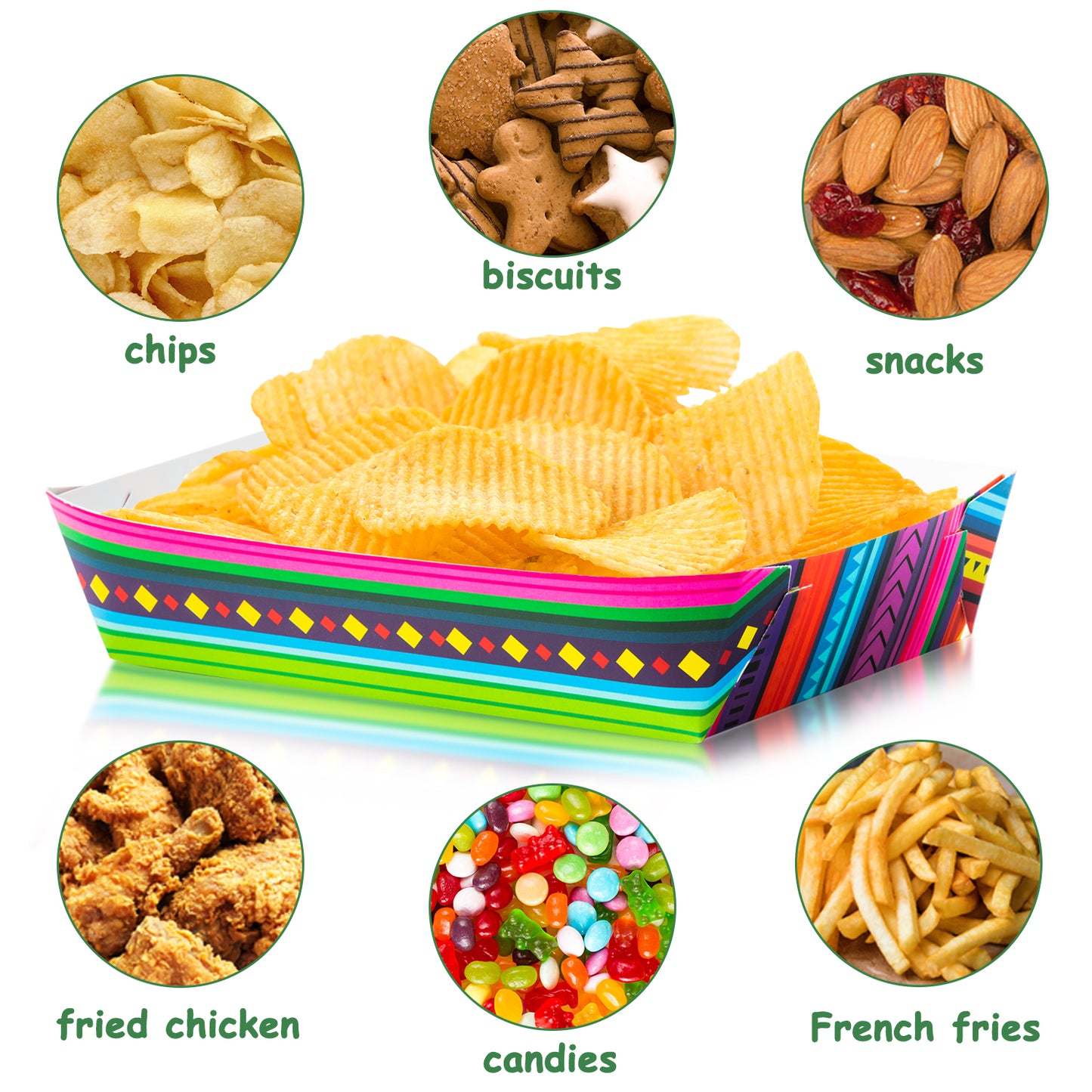 50Pcs Mexican Food Trays Colorful Nacho Paper Food Trays Reusable to Holding Food Resistant to Oil and Dirt, Durable and Unbreakable Good For Concession Stands, food, Snacks, Parties, Festivals