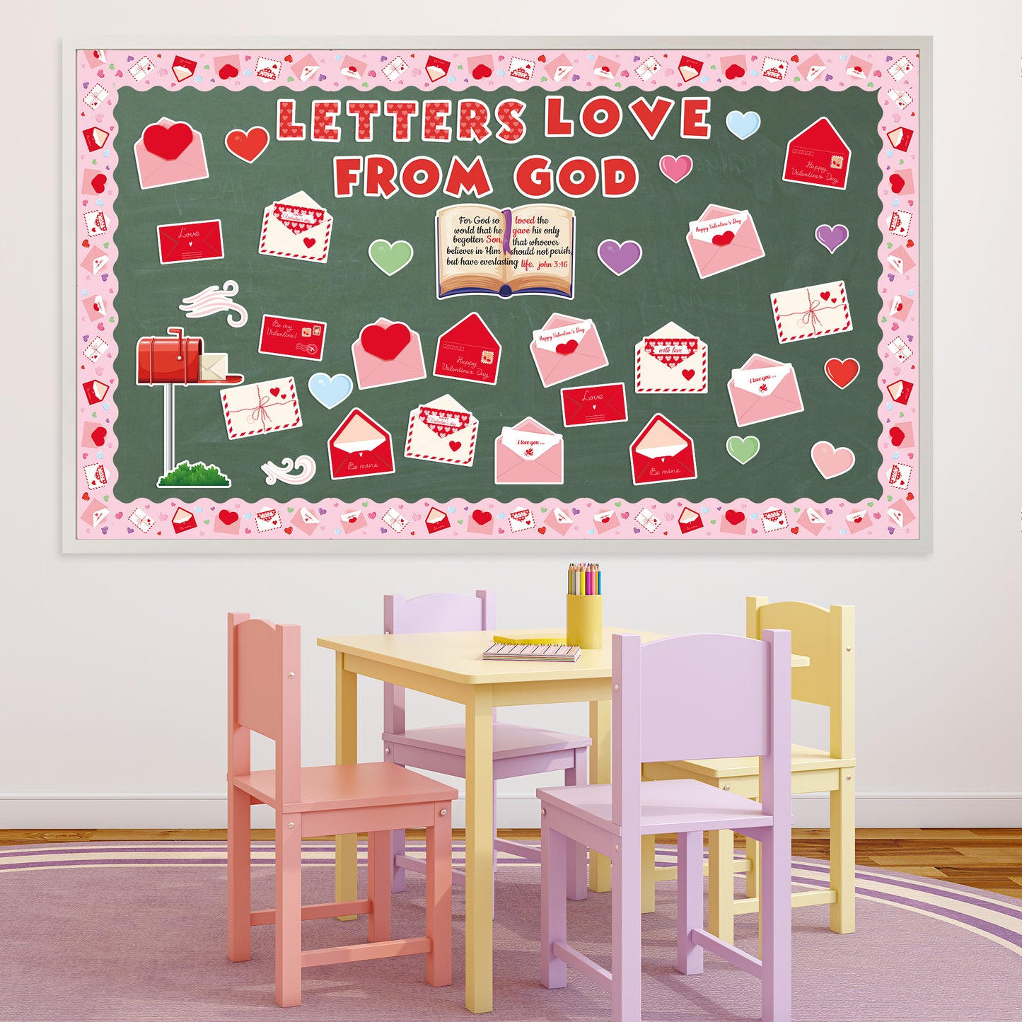 119Pcs Valentine's Day Love Letters From God Bulletin Board Classroom Decoration Sets Contain Envelope Mailbox Heart Border About Valentine Character Happy Coming Valentine Party Classroom Decoration