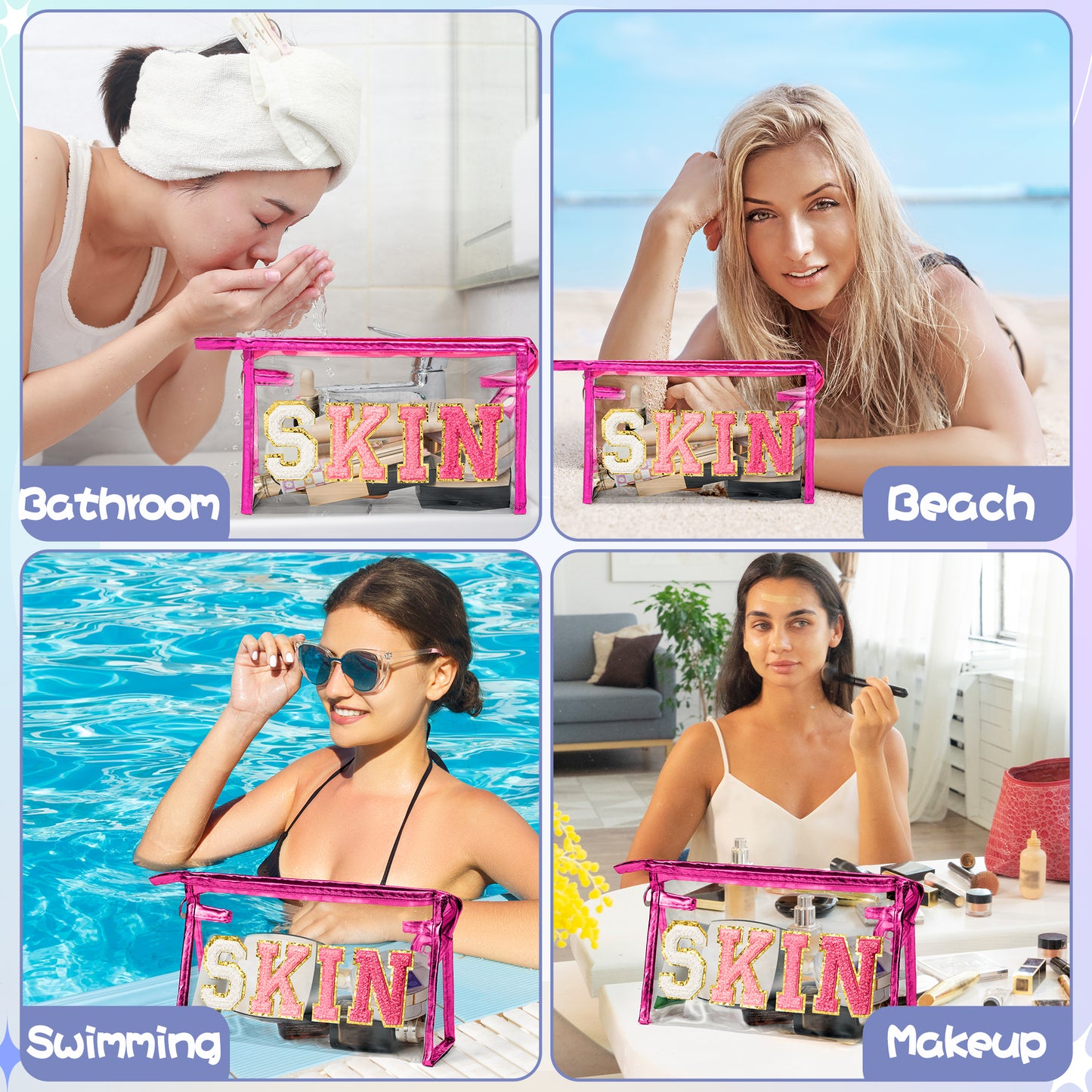 AsodSway Gradual Rose SKIN Cosmetic Bag - Varsity Patch SKIN Letter Cosmetic Bag Waterproof Portable Transparent Rose Red Frame PVC Zipper Clutch Bag Travel Summer Party Makeup Bag for Women Girls