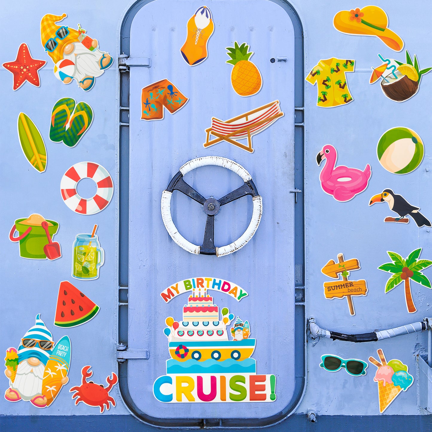 25Pcs Summer Beach Cruise Door Magnets Hawaii Tropical Gnome Car Decorations My Birthday Cruise Magnetic Creative Door Decor, Stateroom Ship Carnival Car Fridge Laptop Magnetic Stickers Birthday Gifts