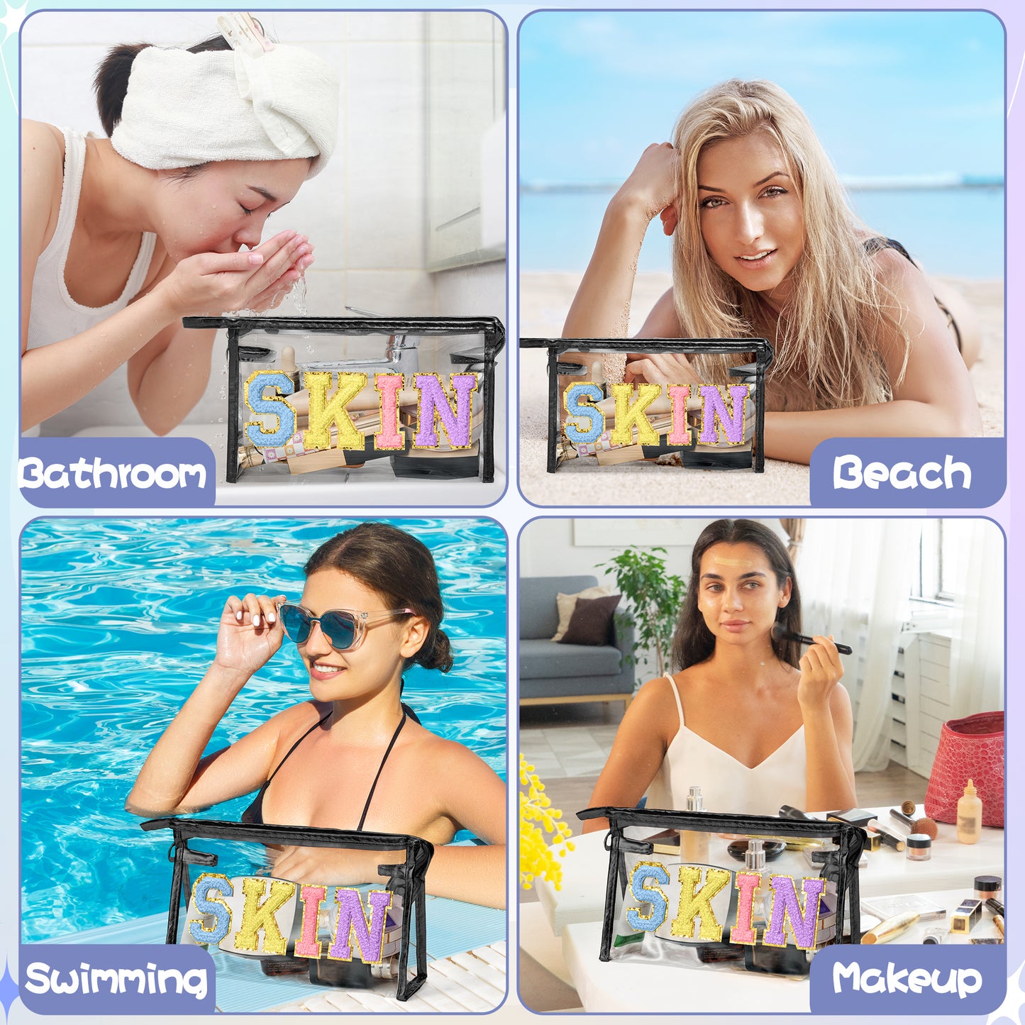 AsodSway Pastel Color SKIN Cosmetic Bag - Varsity Patch SKIN Letter Cosmetic Bag Classy Waterproof Portable Transparent Black Frame PVC Zipper Clutch Bag Travel Summer Party Makeup Bag for Women Girls