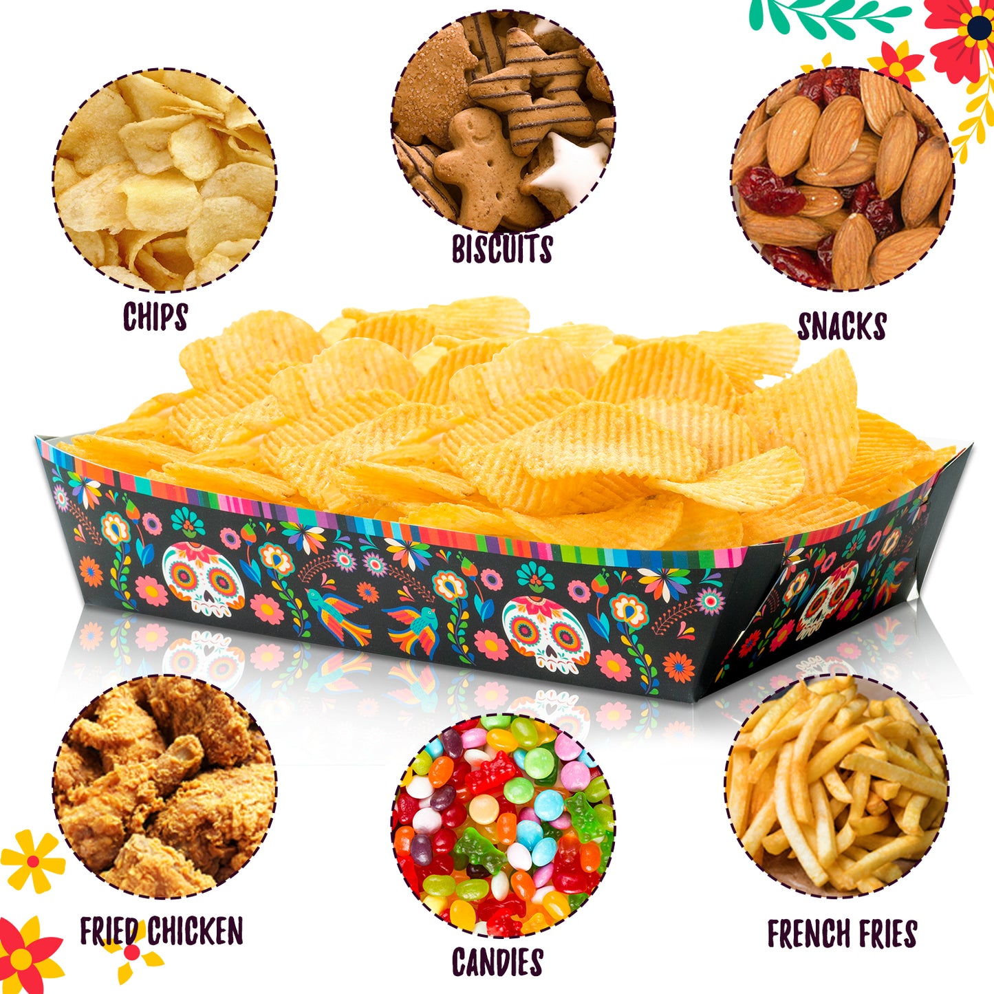 50Pcs Halloween Day of The Dead Food Trays Colorful Skull Element Paper Serving Food Trays Halloween Snack Candy Holder Trays Disposable Popcorn Assembled Trays Food Container Concession Stands