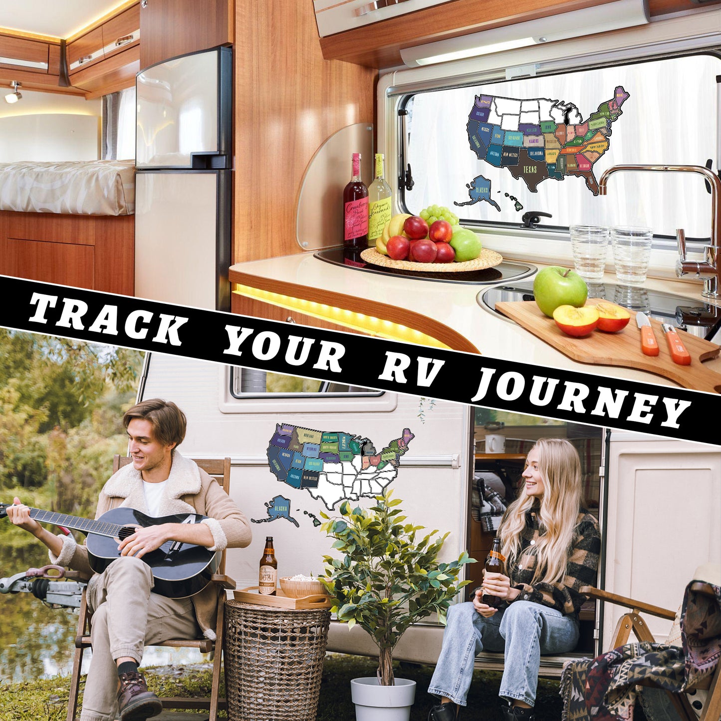 RV State Pure Pattern Travel USA Map Sticker, United States Stickers Vinyl Map RV Decals Travel Trailer Camper Map of America Waterproof Decals for Window, Door or Wall, Pure Pattern States Map Decal Trip Camper Trailer Accessories