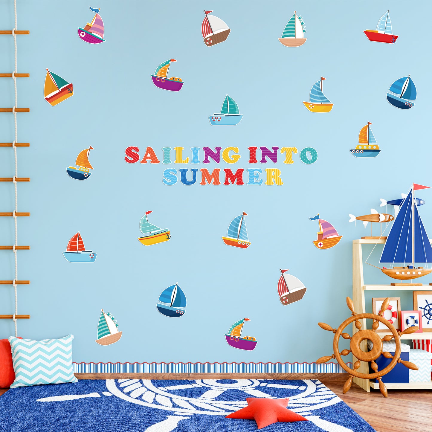 117Pcs Sailing Into Summer Cutouts Summer Sailboat Bulletin Board Cut Outs Classroom Decoration, Hello Summer Ocean Theme Cutouts Trim Borders, DIY Sailboat for School Classroom Teacher Supplies