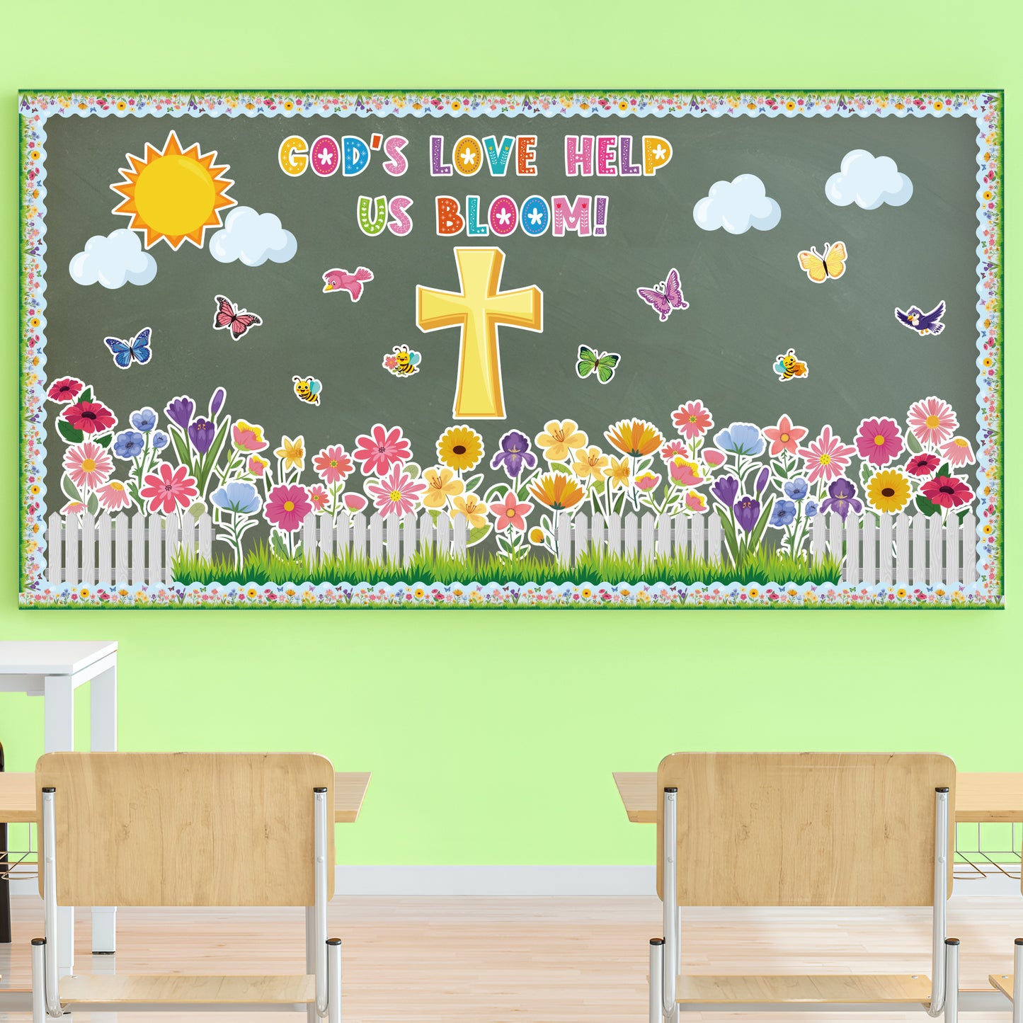 AsodSway 117Pcs Spring God's Love Help Us Bloom Easter Bulletin Board Classroom Decor Set Contain Easter Flower Cross Grass Border Cut Outs and with Easter Character Happy Party and Spring Season