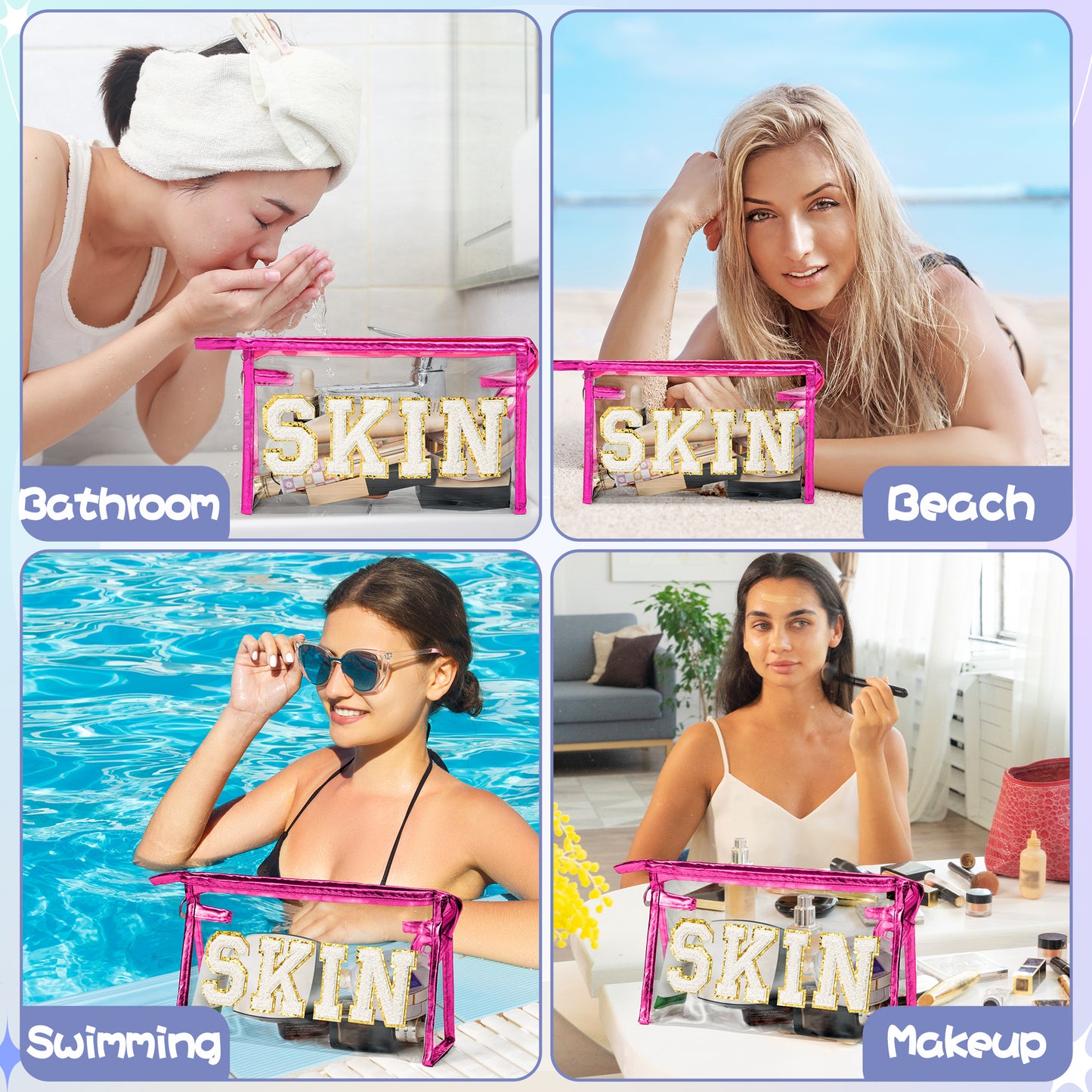 AsodSway White SKIN Cosmetic Bag - Varsity Patch SKIN Letter Spring Cosmetic Bag Waterproof Portable Transparent Rose Red Frame PVC Zipper Clutch Bag Summer Travel Party Makeup Bag for Women Girls