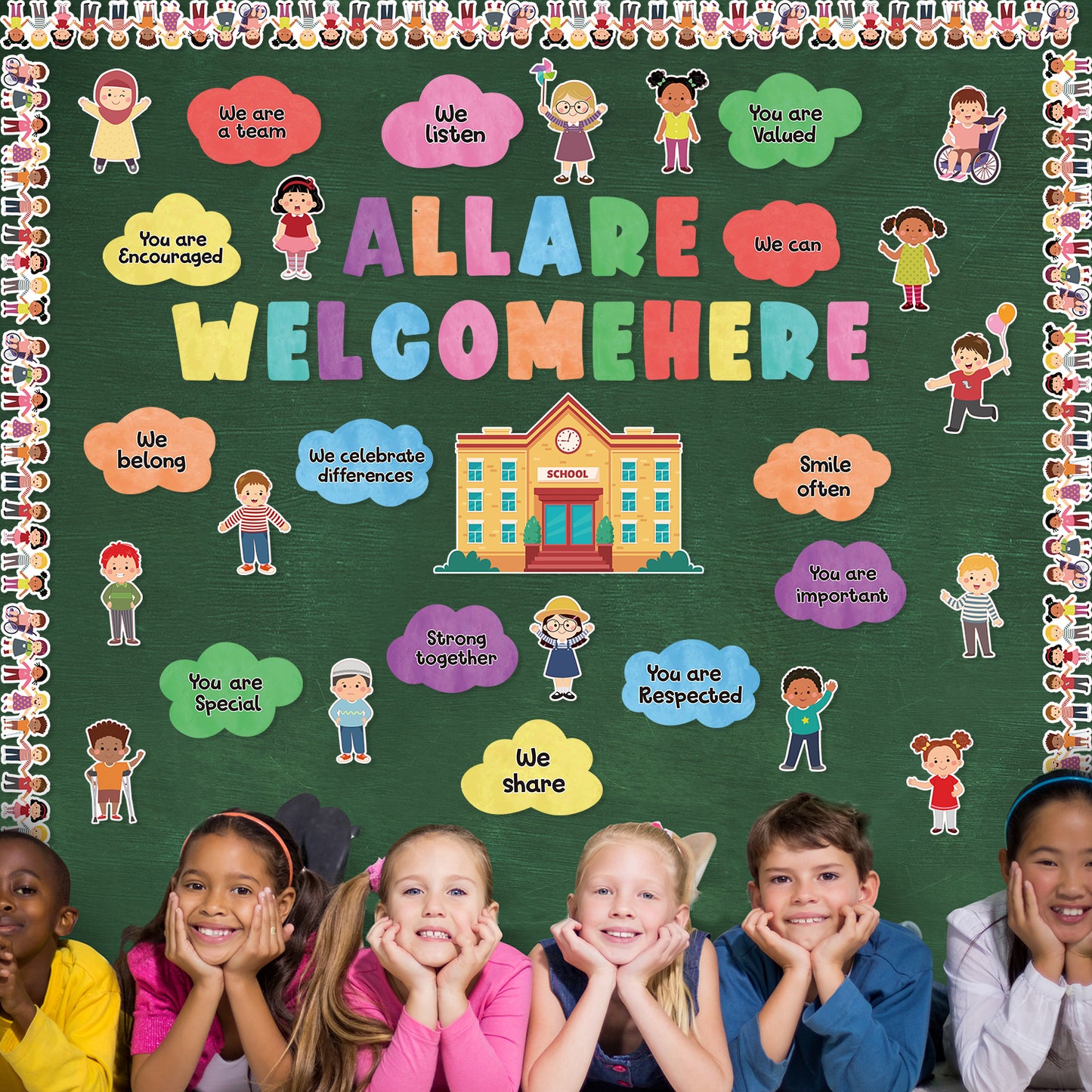 131P All are Welcome Diversity Classroom Bulletin Board Cutouts Decorations School Inspirational Words Diverse Students Borders Cut Outs for School Classroom Home Party Welcome Back to School Supplies