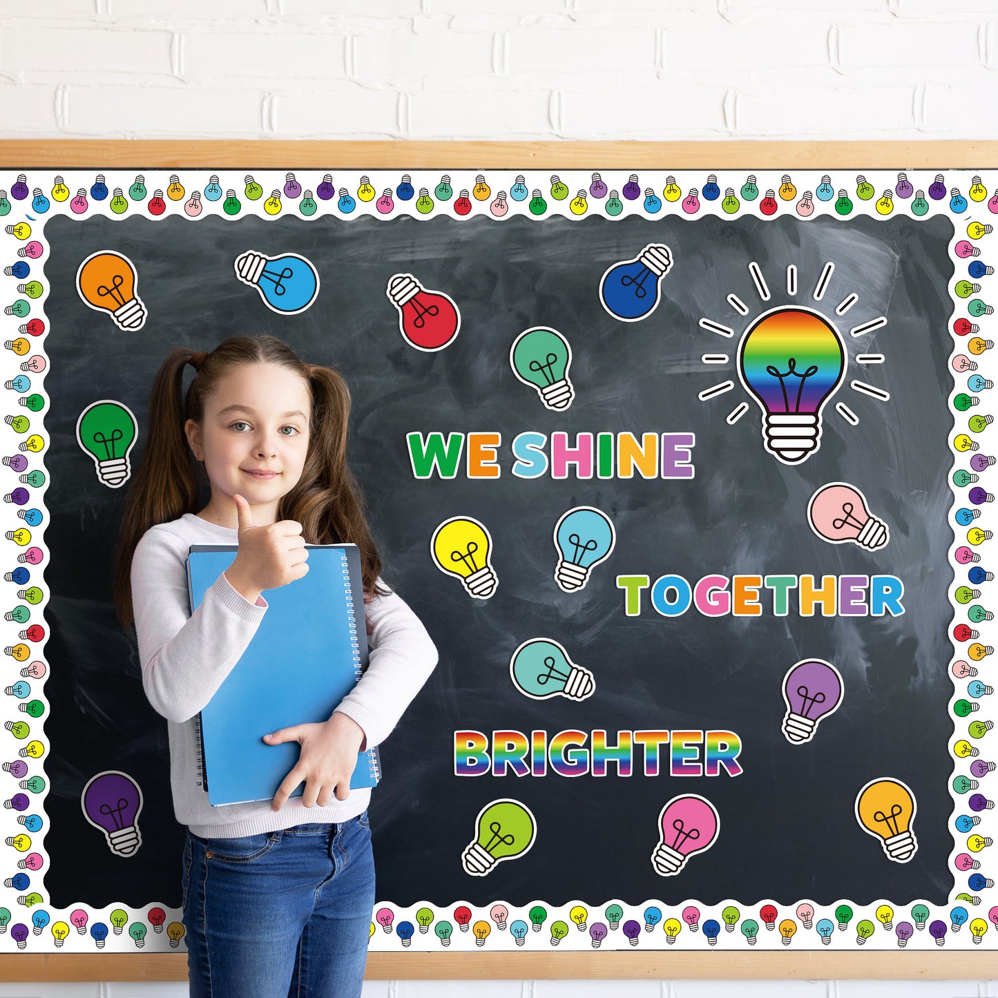 137Pcs Light Bulb Bulletin Board Back to School Decoration Cutouts Set With We Shine Brighter Together Characters and Light Bulb Pattern to Inspire Student Study in Classroom Party Or Home Decoration