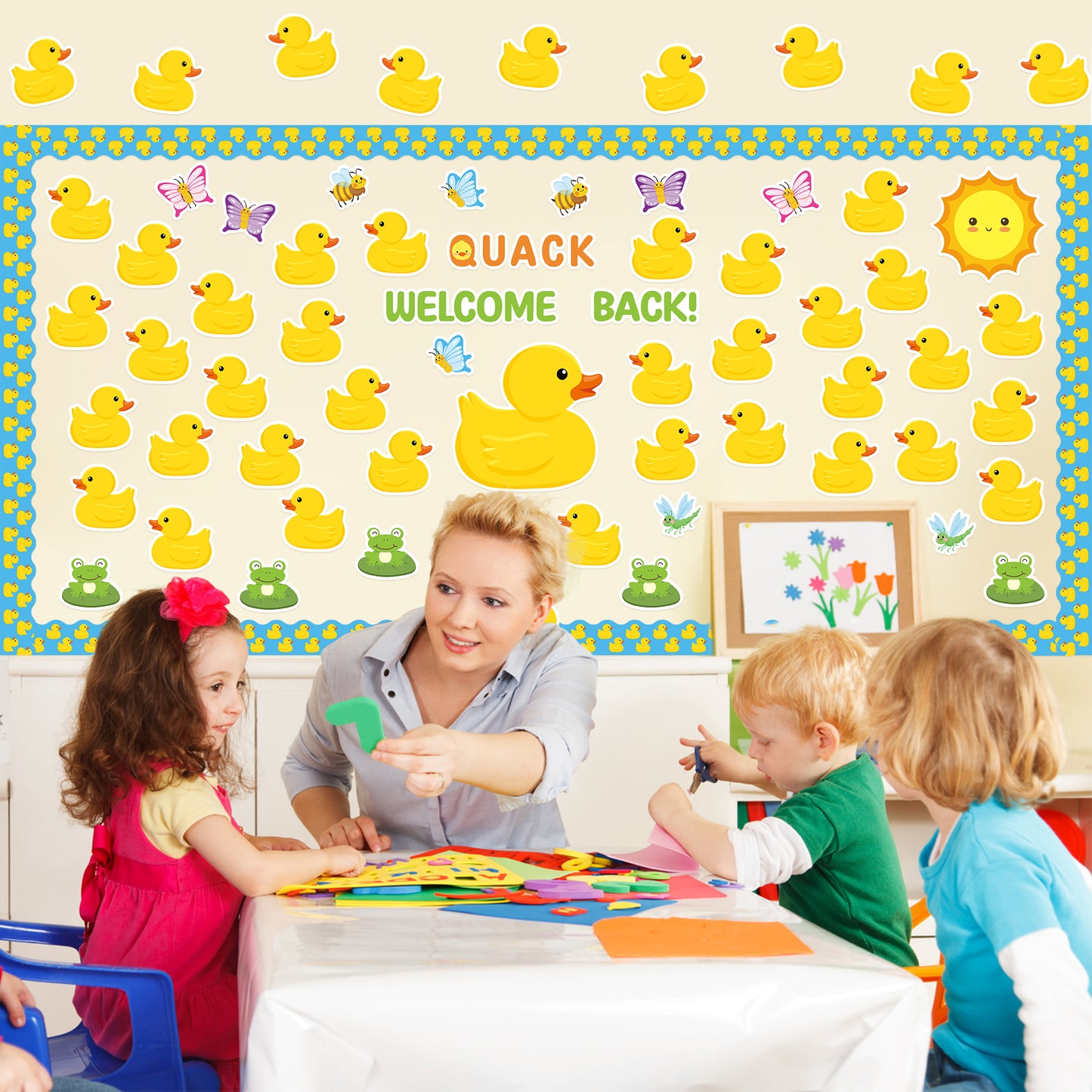 120Pcs Duck Bulletin Board Back to School Decoration Cutouts Set With Welcome Back and Duck Butterfly Pattern to Welcome Students Back To Campus for Start of School Season in Classroom Or Home Decor