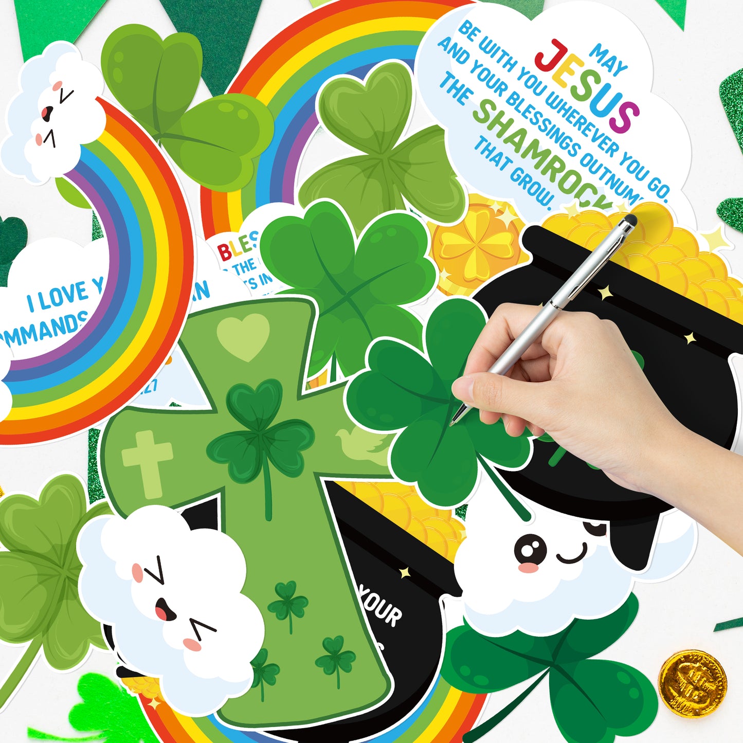 123Pcs Religious Sunday School ST.Patrick Jesus is My Pot of God Shamrock Rainbow Bulletin Board Decoration Set Contain Leaf Clovers Rainbow Border Religions Character Happy Party Classroom Decoration
