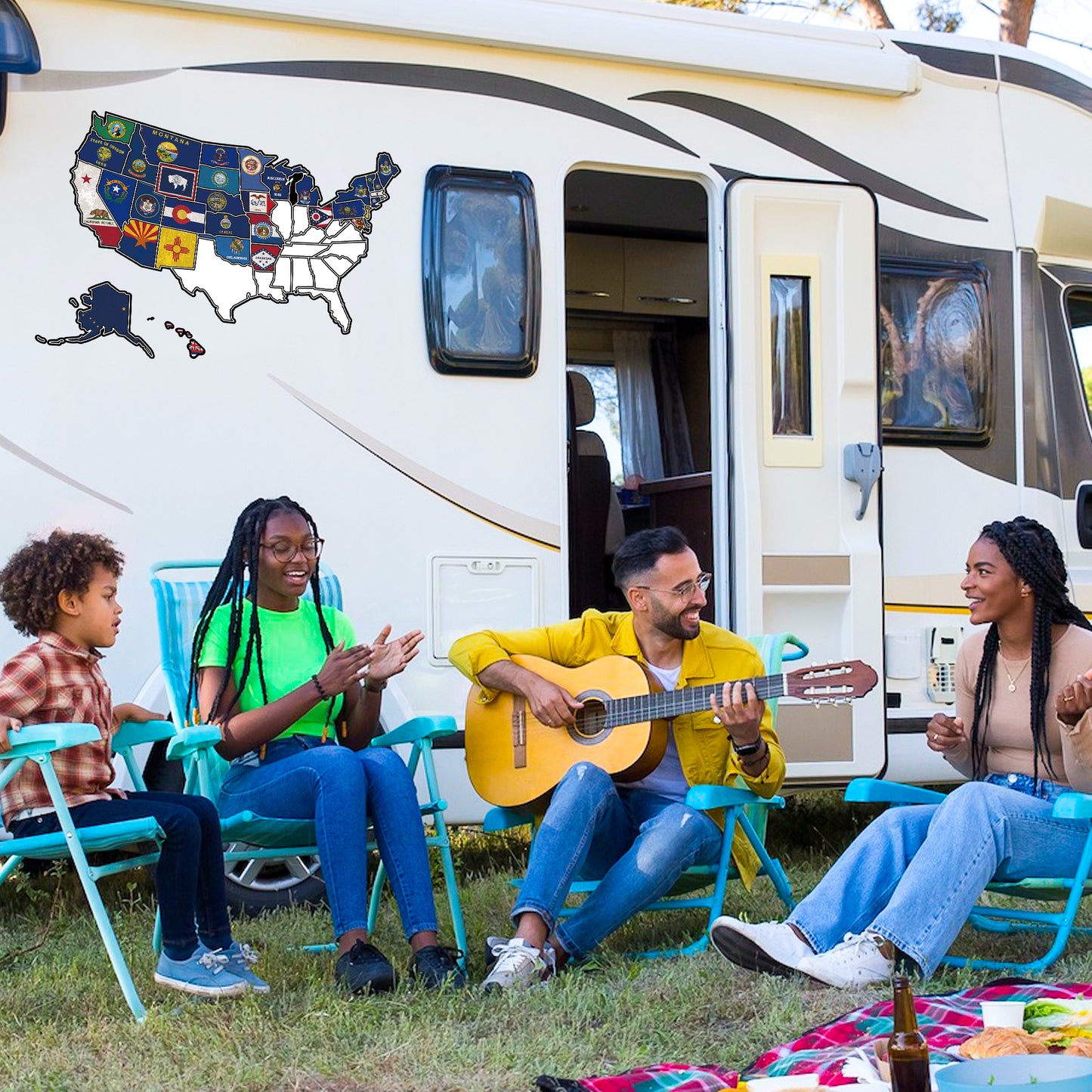 3Pcs RV State Flags Travel USA Map Sticker, United States Flags Stickers Vinyl Map RV Decals Travel Trailer Camper Map of America Waterproof Decals for Window, Door or Wall, States Flags Map Decal Trip Camper Trailer Accessories