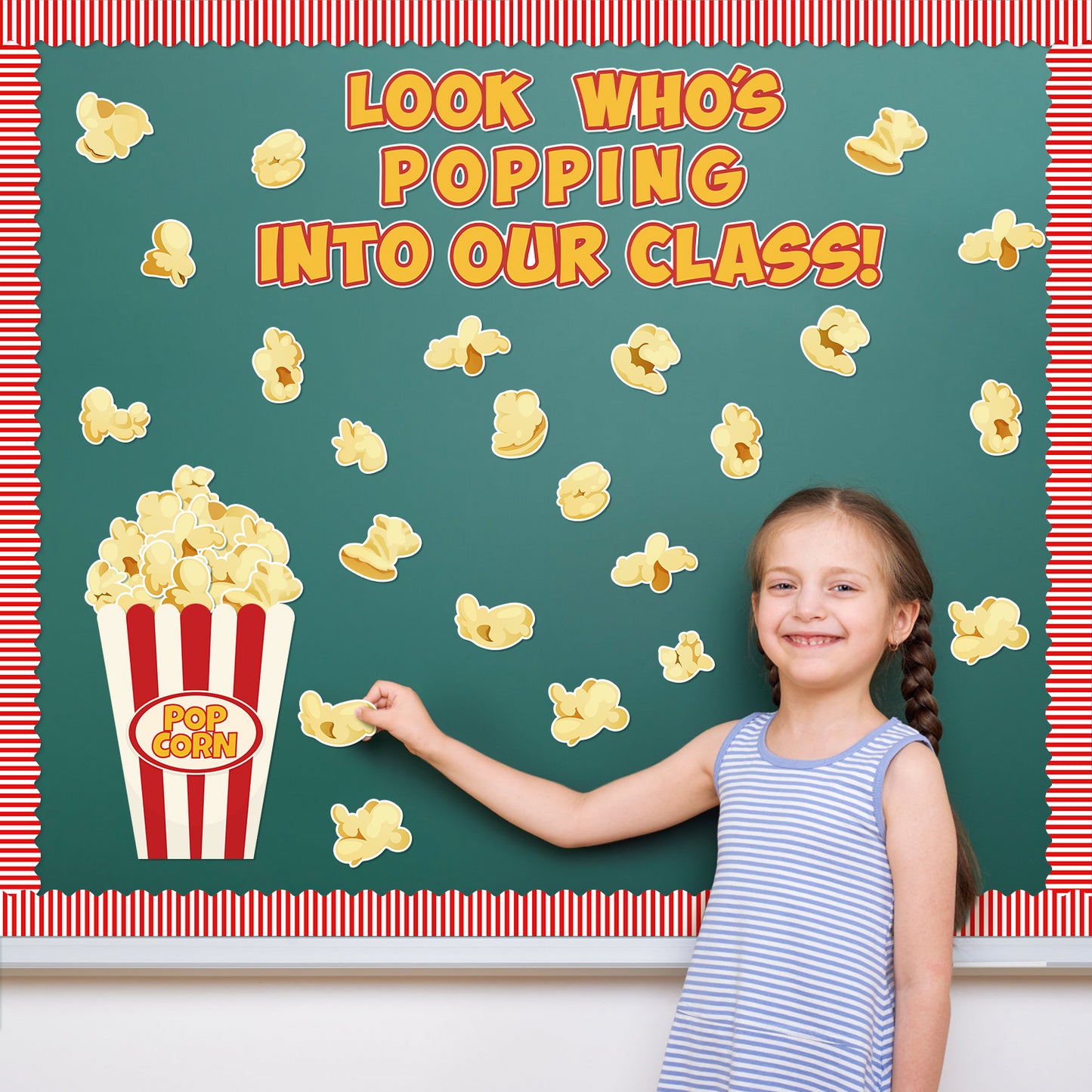 113Pcs Popcorn Bulletin Board Back to School Decoration Cutouts Set With Look Who’s Popping Into Our Class and Popcorn Pattern to Welcome New Student in Classroom Or Home Decoration