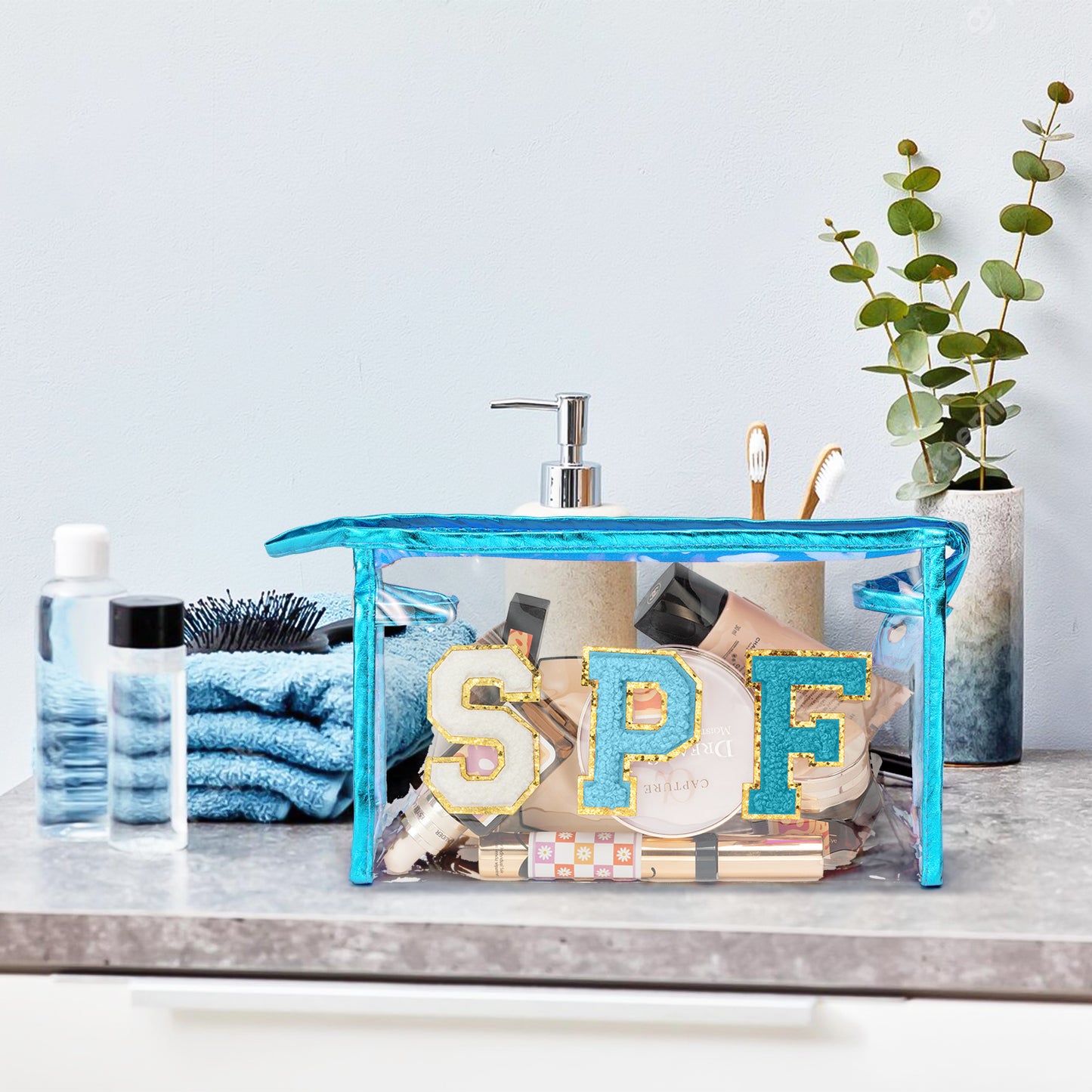 Preppy Patch Azure SPF Varsity Letter Cosmetic Bag Aesthetic Waterproof Portable Cosmetic Bag Transparent PVC Zipper Bag Daily Use Clutch Purse Travel Party Makeup Bag for Women Girls (Sky Blue)