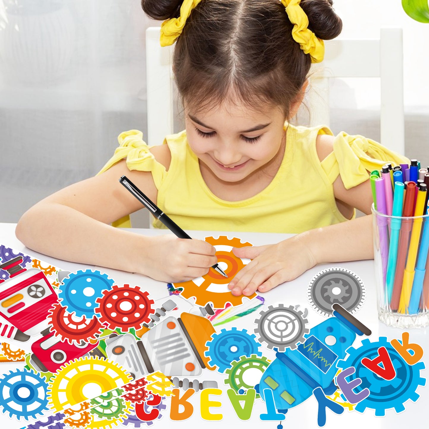 129Pcs Gear Robot Bulletin Board Back to School Decoration Cutouts Set With Gear Up for A Great Year and Gear Robot Pattern to Encouraging Student to Embrace a Better Life in Classroom Home Decoration