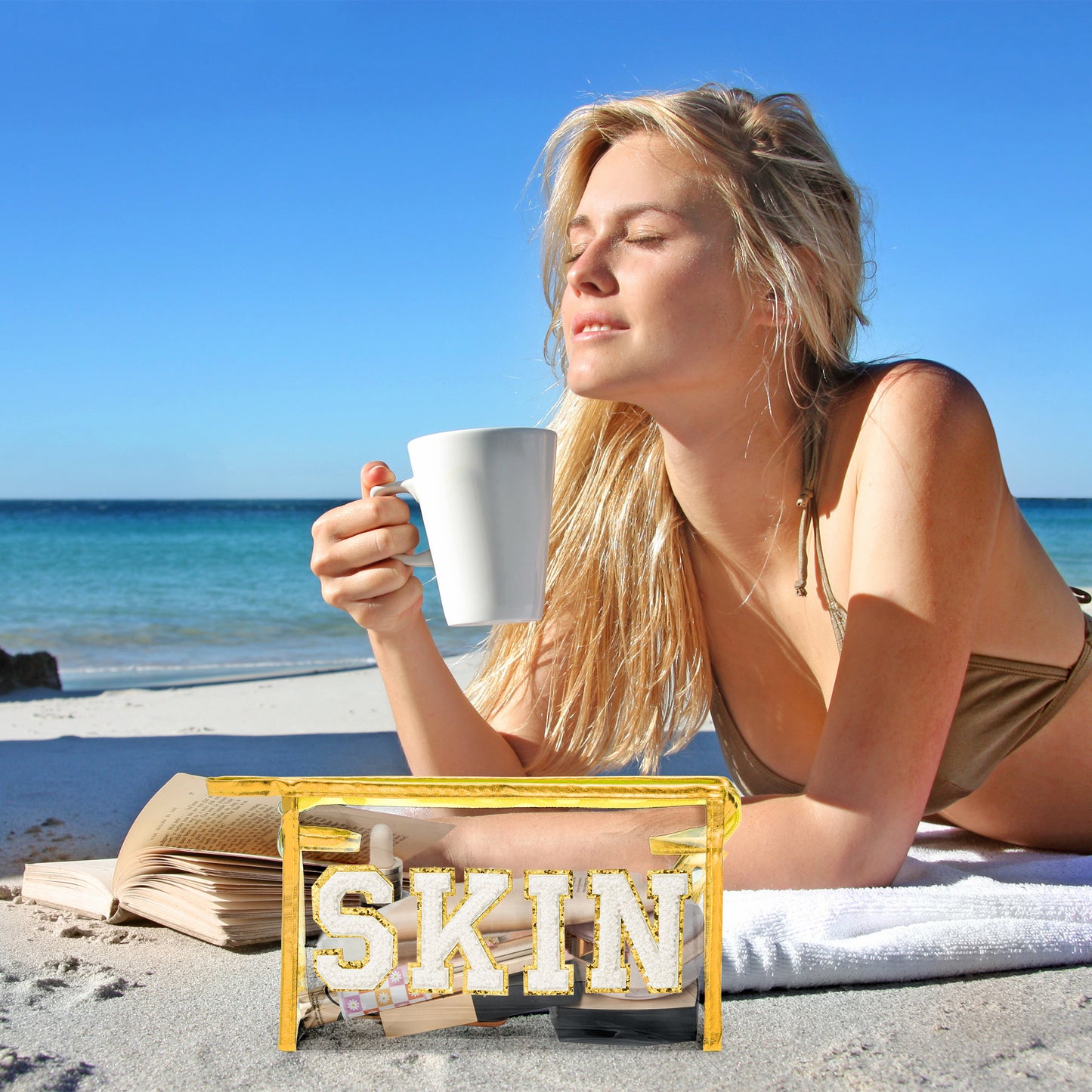 AsodSway White SKIN Cosmetic Bag - Varsity Patch SKIN Letter Spring Cosmetic Bag Classy Waterproof Portable Transparent Gold Frame PVC Zipper Clutch Bag Summer Travel Party Makeup Bag for Women Girls