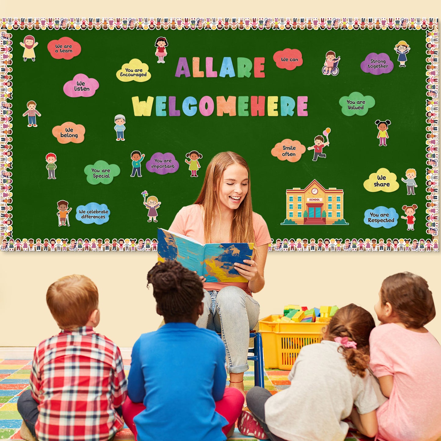 131P All are Welcome Diversity Classroom Bulletin Board Cutouts Decorations School Inspirational Words Diverse Students Borders Cut Outs for School Classroom Home Party Welcome Back to School Supplies
