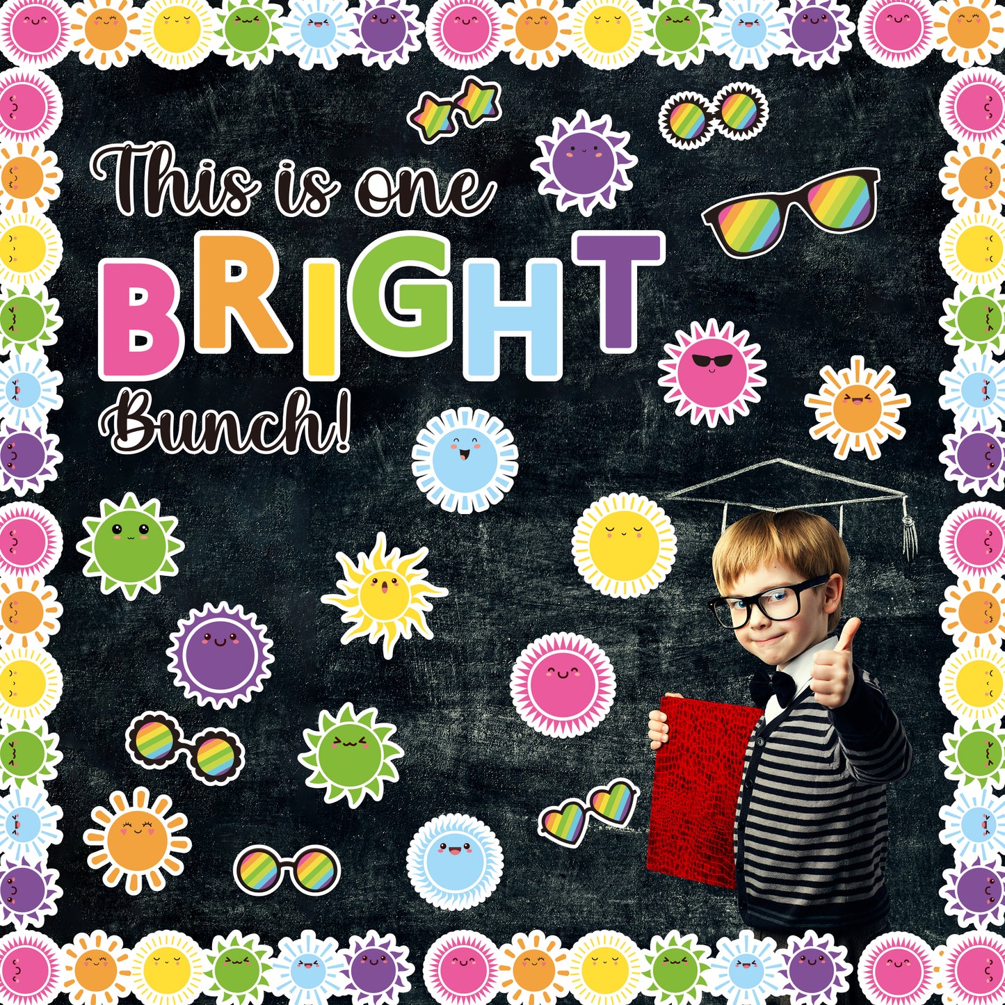 119Pcs Sun Sunglasses Motivational Bulletin Board Back to School Decoration Cutouts With This is One Bright Bunch Characters and sun pattern to Inspire Child Study Hard in Classroom Home Party Decor