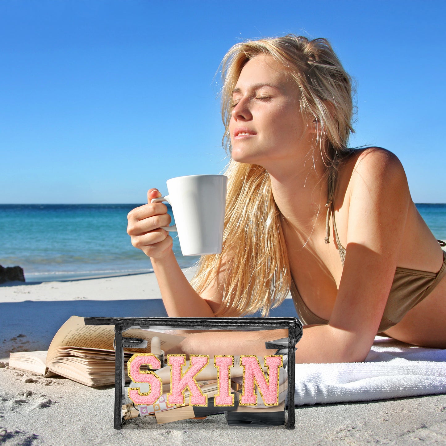 AsodSway Pink SKIN Cosmetic Bag - Varsity Patch SKIN Letter Spring Cosmetic Bag Classy Waterproof Portable Transparent Black Frame PVC Zipper Clutch Bag Summer Travel Party Makeup Bag for Women Girls