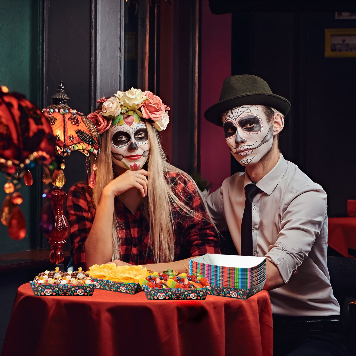 50Pcs Halloween Day of The Dead Food Trays Colorful Skull Element Paper Serving Food Trays Halloween Snack Candy Holder Trays Disposable Popcorn Assembled Trays Food Container Concession Stands