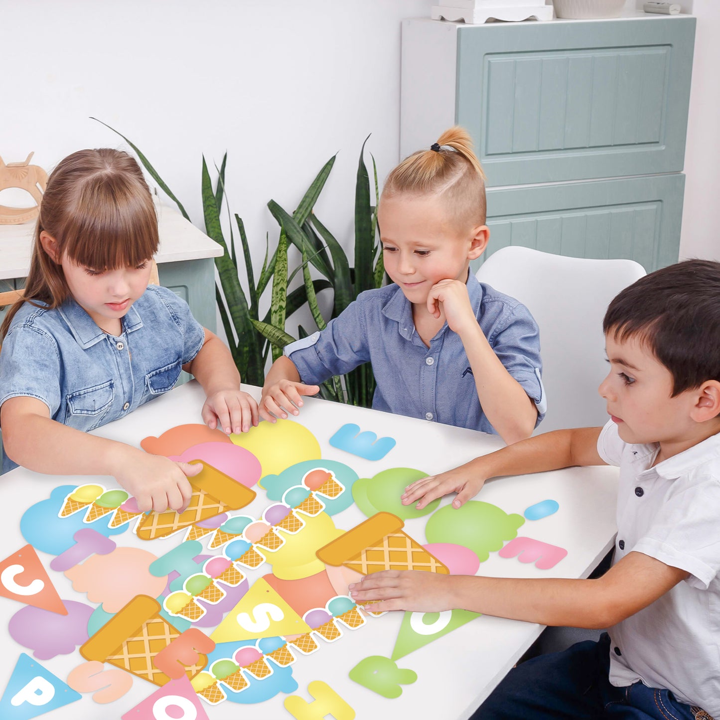 144Pcs Summer Ice Cream Bulletin Board Decoration Cutouts Border Set Contain Ice Cream Top and Cone, Border, Flag with Characters About Happy Summer Holiday Party and Classroom Decoration