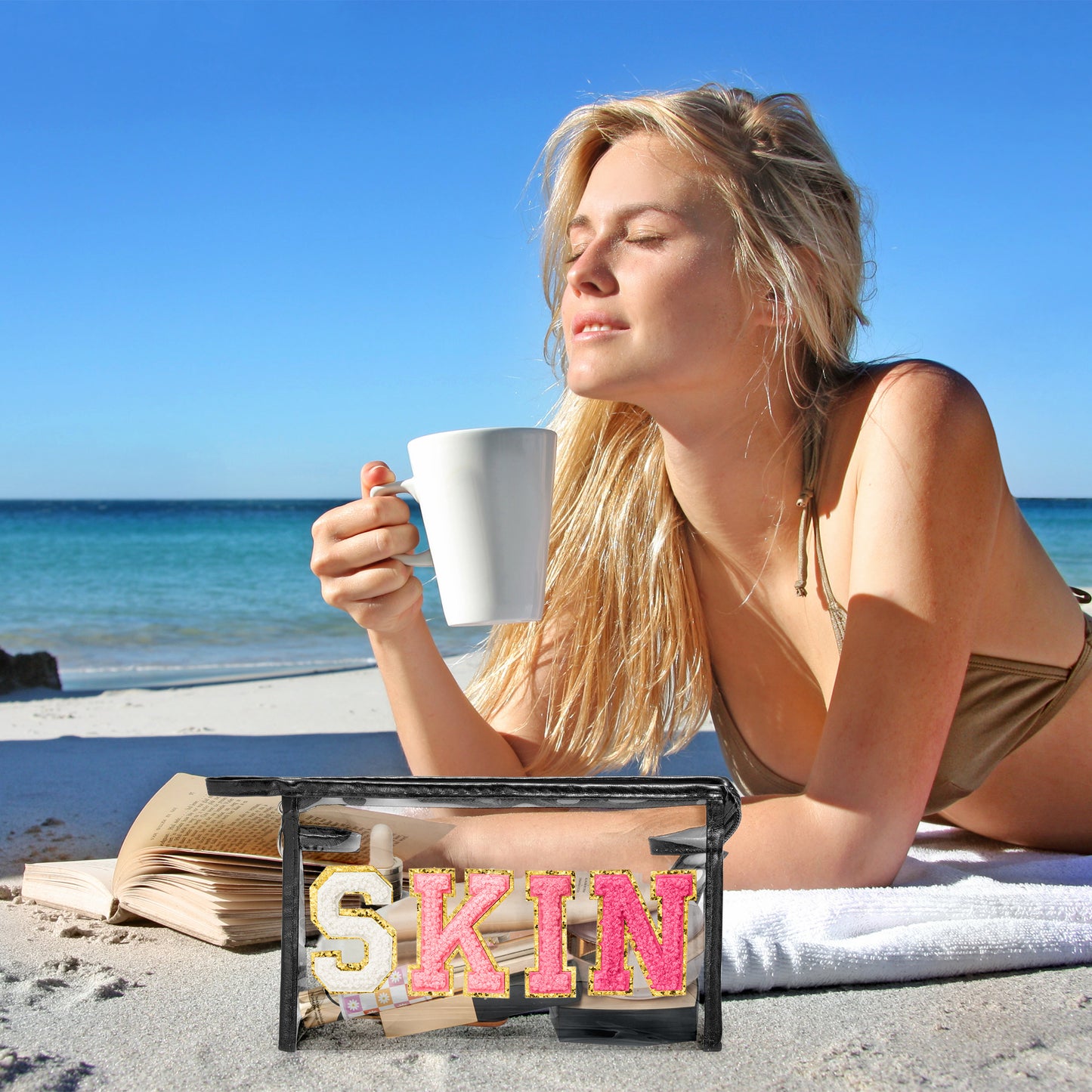 AsodSway Gradual Rose SKIN Cosmetic Bag - Varsity Patch SKIN Letter Cosmetic Bag Classy Waterproof Portable Transparent Black Frame PVC Zipper Clutch Bag Travel Summer Party Makeup Bag for Women Girls