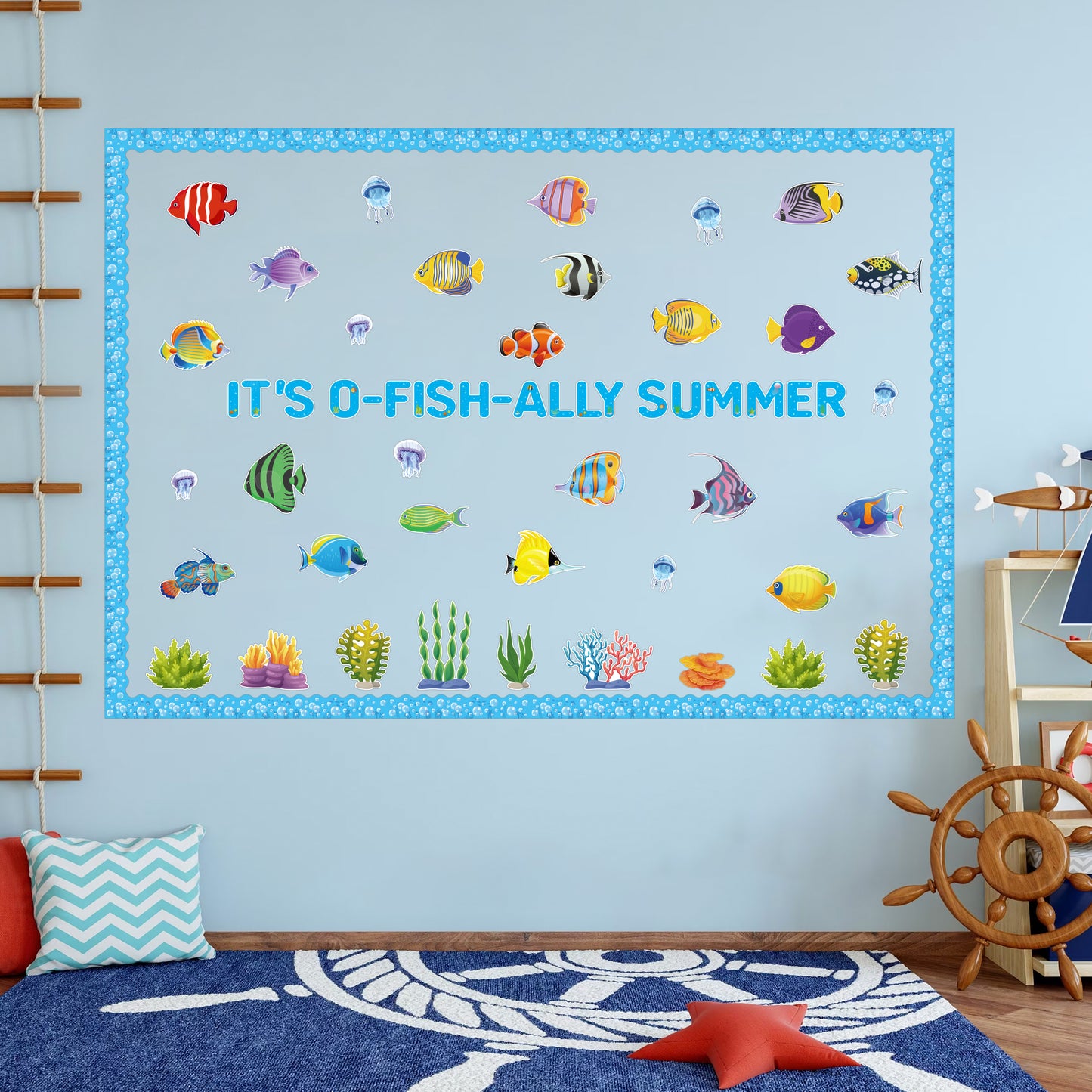151Pcs Summer Fish Ocean Bulletin Board Cutouts Border Set, Fish All Summer Classroom Decoration Ocean Sea Fish Coral Seaweed Jellyfish Cutouts for School Teacher Student Chalkboard Wall Decor