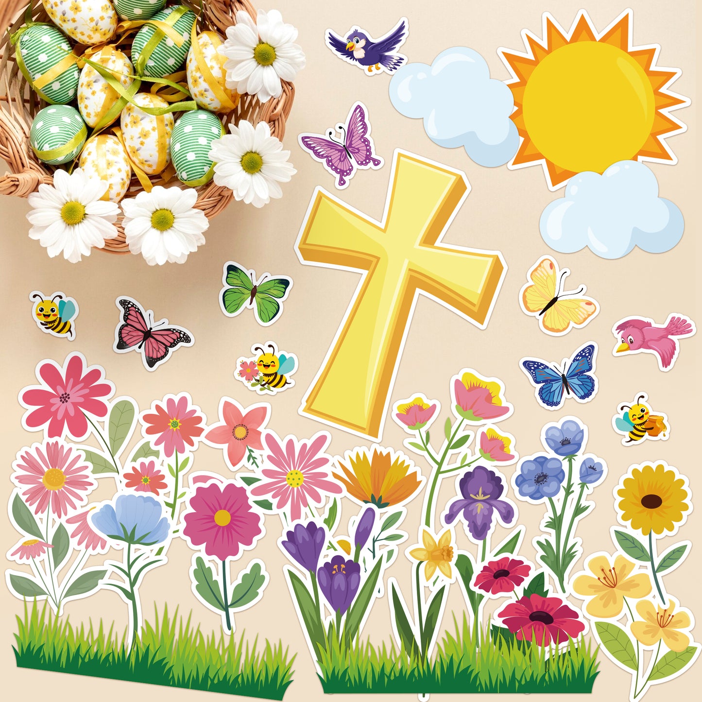 AsodSway 117Pcs Spring God's Love Help Us Bloom Easter Bulletin Board Classroom Decor Set Contain Easter Flower Cross Grass Border Cut Outs and with Easter Character Happy Party and Spring Season