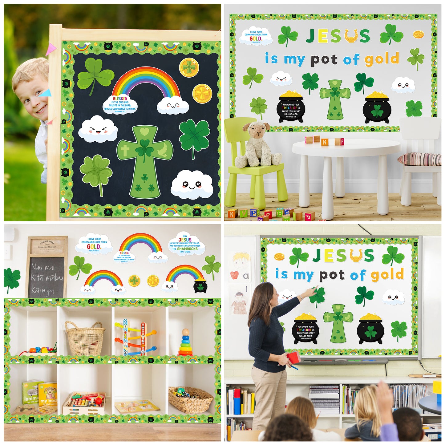 123Pcs Religious Sunday School ST.Patrick Jesus is My Pot of God Shamrock Rainbow Bulletin Board Decoration Set Contain Leaf Clovers Rainbow Border Religions Character Happy Party Classroom Decoration