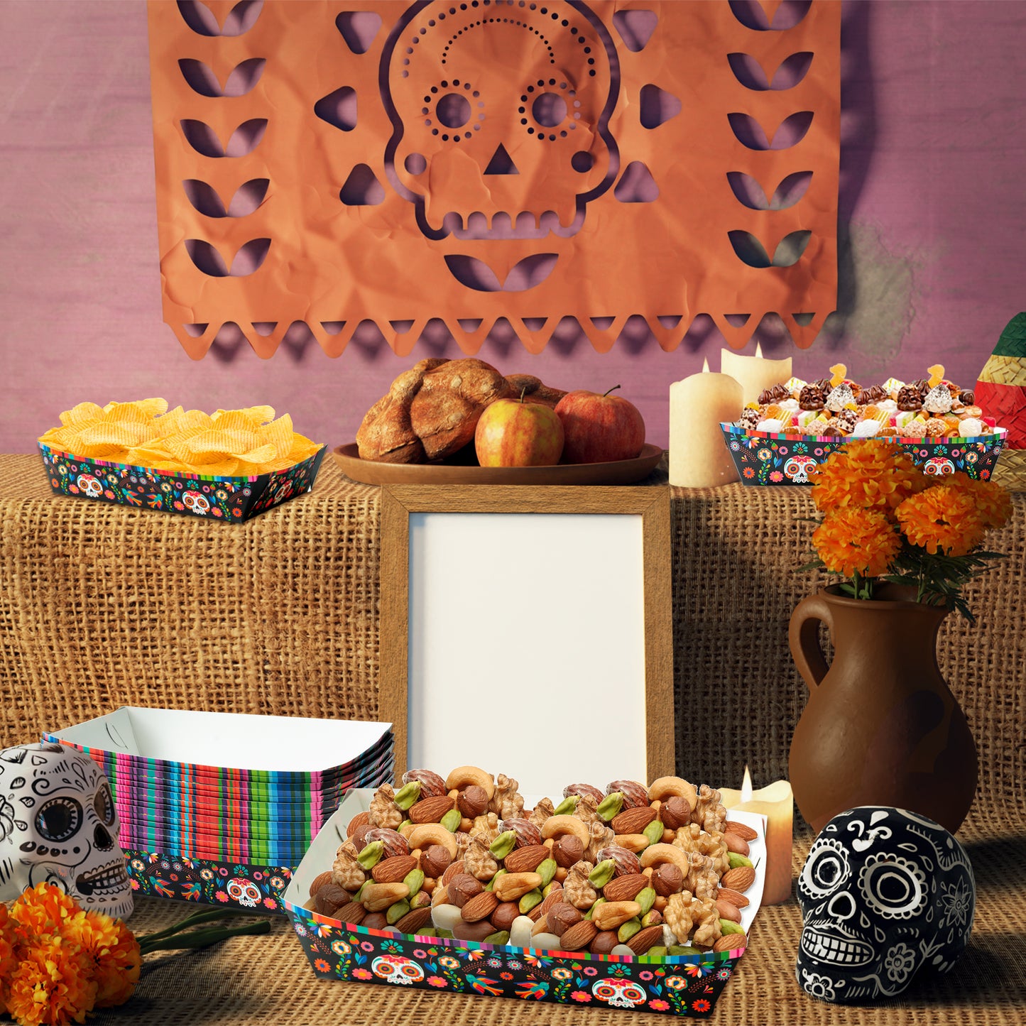 50Pcs Halloween Day of The Dead Food Trays Colorful Skull Element Paper Serving Food Trays Halloween Snack Candy Holder Trays Disposable Popcorn Assembled Trays Food Container Concession Stands