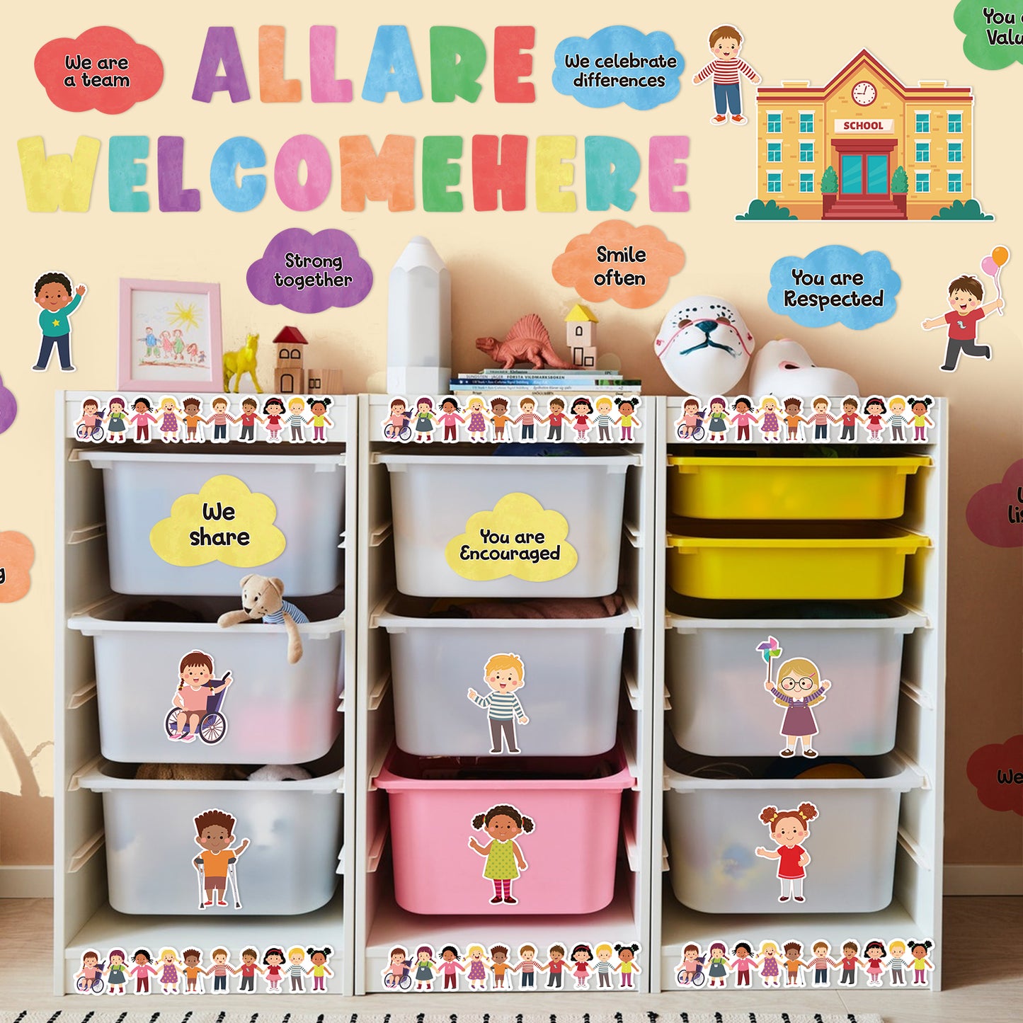 131P All are Welcome Diversity Classroom Bulletin Board Cutouts Decorations School Inspirational Words Diverse Students Borders Cut Outs for School Classroom Home Party Welcome Back to School Supplies
