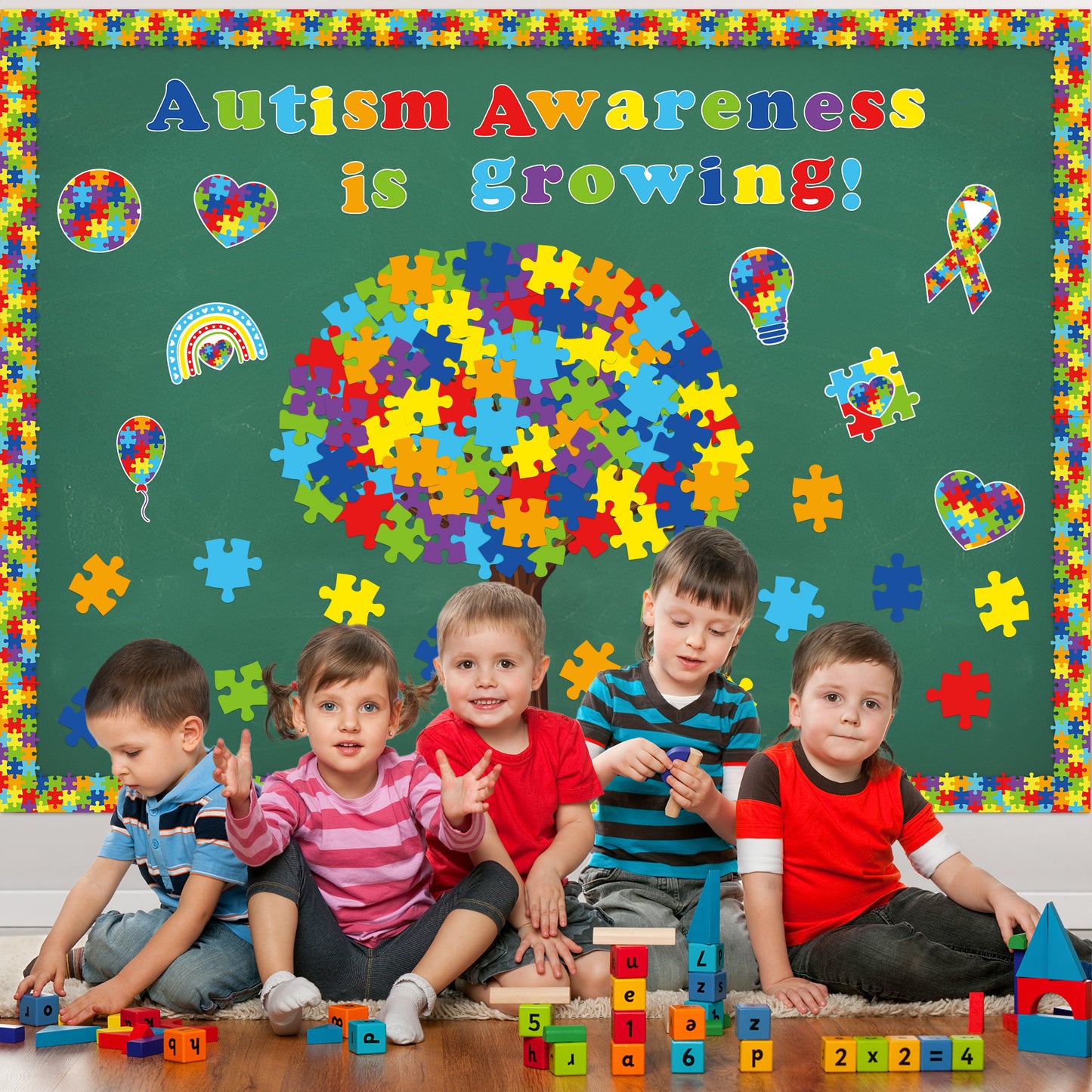 159Pcs Autism Awareness Bulletin Board Decoration Cutouts Set Contain Puzzles, Autism Pattern, Trees, Border with Characters About Motivational Autism Party Awareness Fit Right in Classroom Decoration