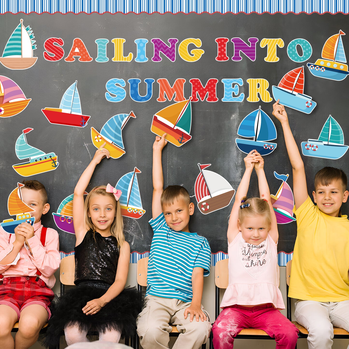 117Pcs Sailing Into Summer Cutouts Summer Sailboat Bulletin Board Cut Outs Classroom Decoration, Hello Summer Ocean Theme Cutouts Trim Borders, DIY Sailboat for School Classroom Teacher Supplies