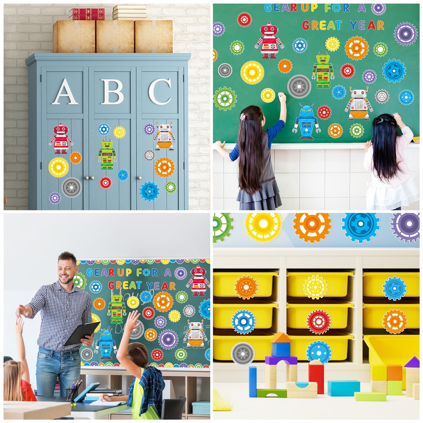 129Pcs Gear Robot Bulletin Board Back to School Decoration Cutouts Set With Gear Up for A Great Year and Gear Robot Pattern to Encouraging Student to Embrace a Better Life in Classroom Home Decoration