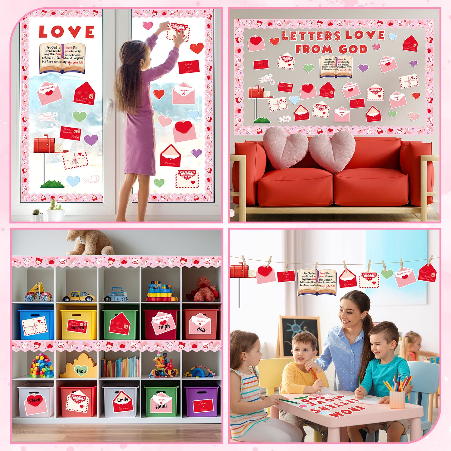 119Pcs Valentine's Day Love Letters From God Bulletin Board Classroom Decoration Sets Contain Envelope Mailbox Heart Border About Valentine Character Happy Coming Valentine Party Classroom Decoration