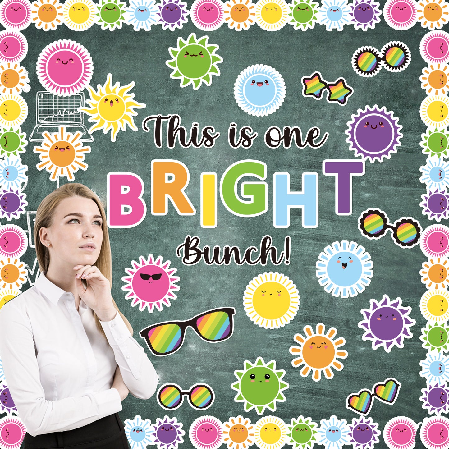 119Pcs Sun Sunglasses Motivational Bulletin Board Back to School Decoration Cutouts With This is One Bright Bunch Characters and sun pattern to Inspire Child Study Hard in Classroom Home Party Decor