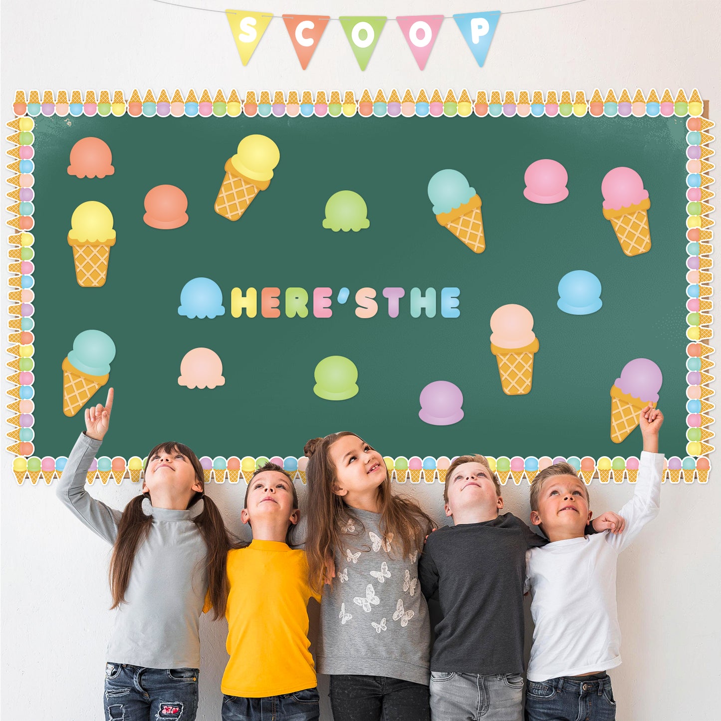 144Pcs Summer Ice Cream Bulletin Board Decoration Cutouts Border Set Contain Ice Cream Top and Cone, Border, Flag with Characters About Happy Summer Holiday Party and Classroom Decoration